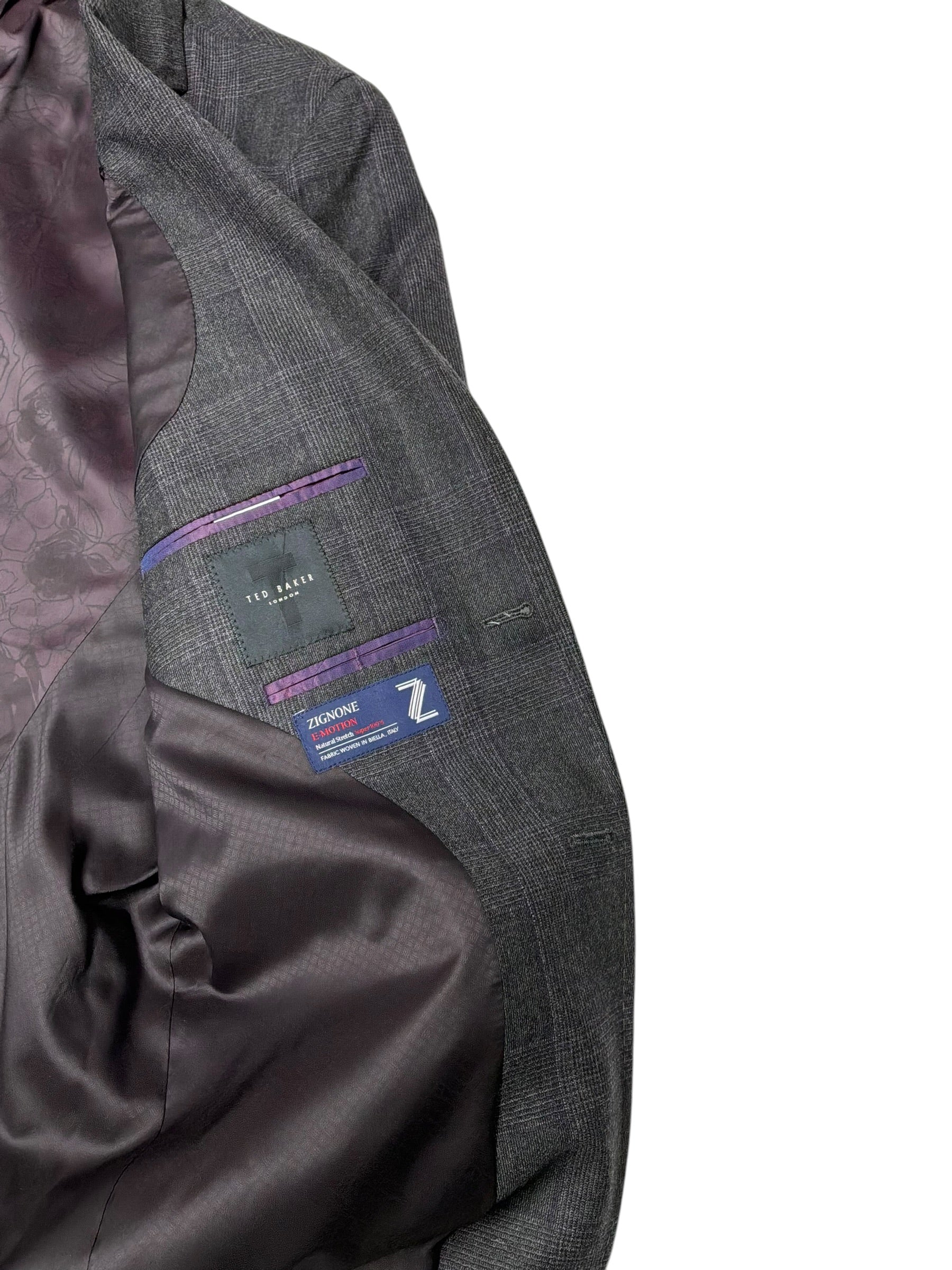 Ted Baker Mens Slim fit 2 Piece Suit 40 R / 34 Waist Grey Purple Plaid Stretch