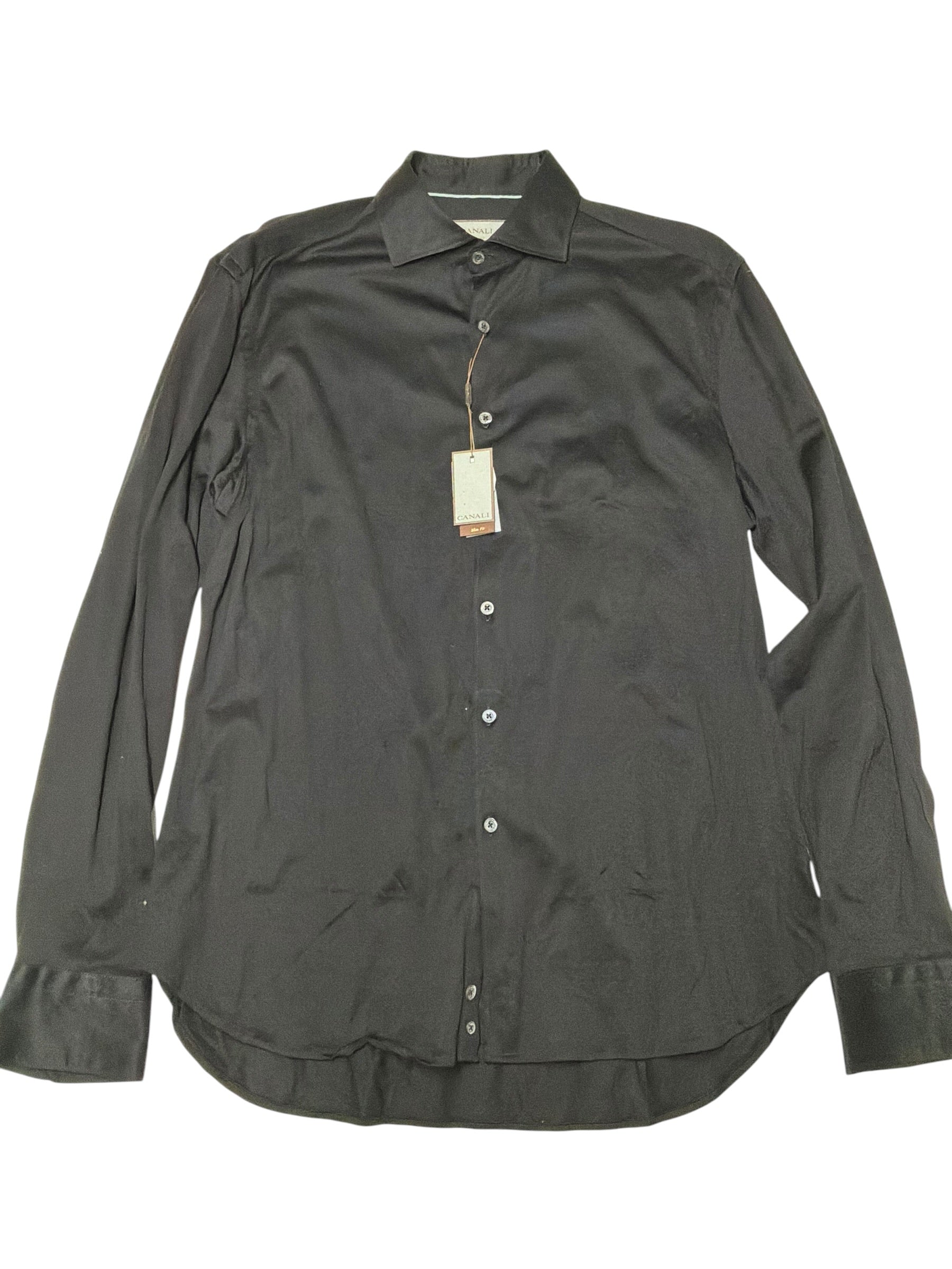 Canali Mens Slim fit Button-Up Shirt Large Black Solid Stretch