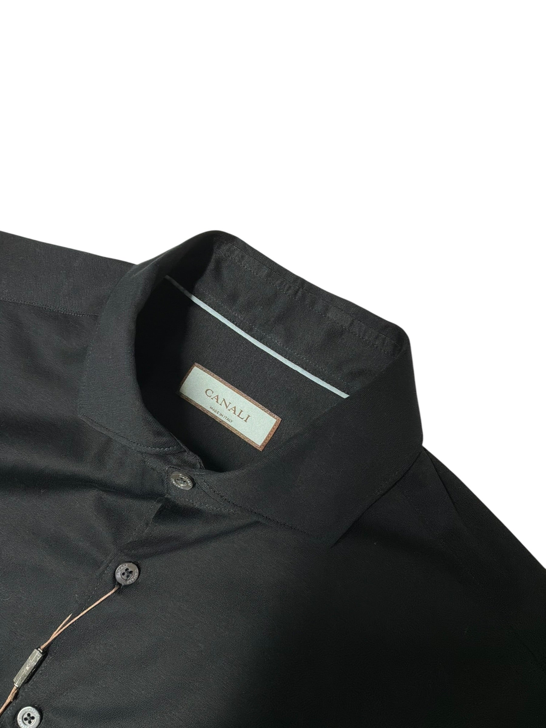 Canali Mens Slim fit Button-Up Shirt Large Black Solid Stretch