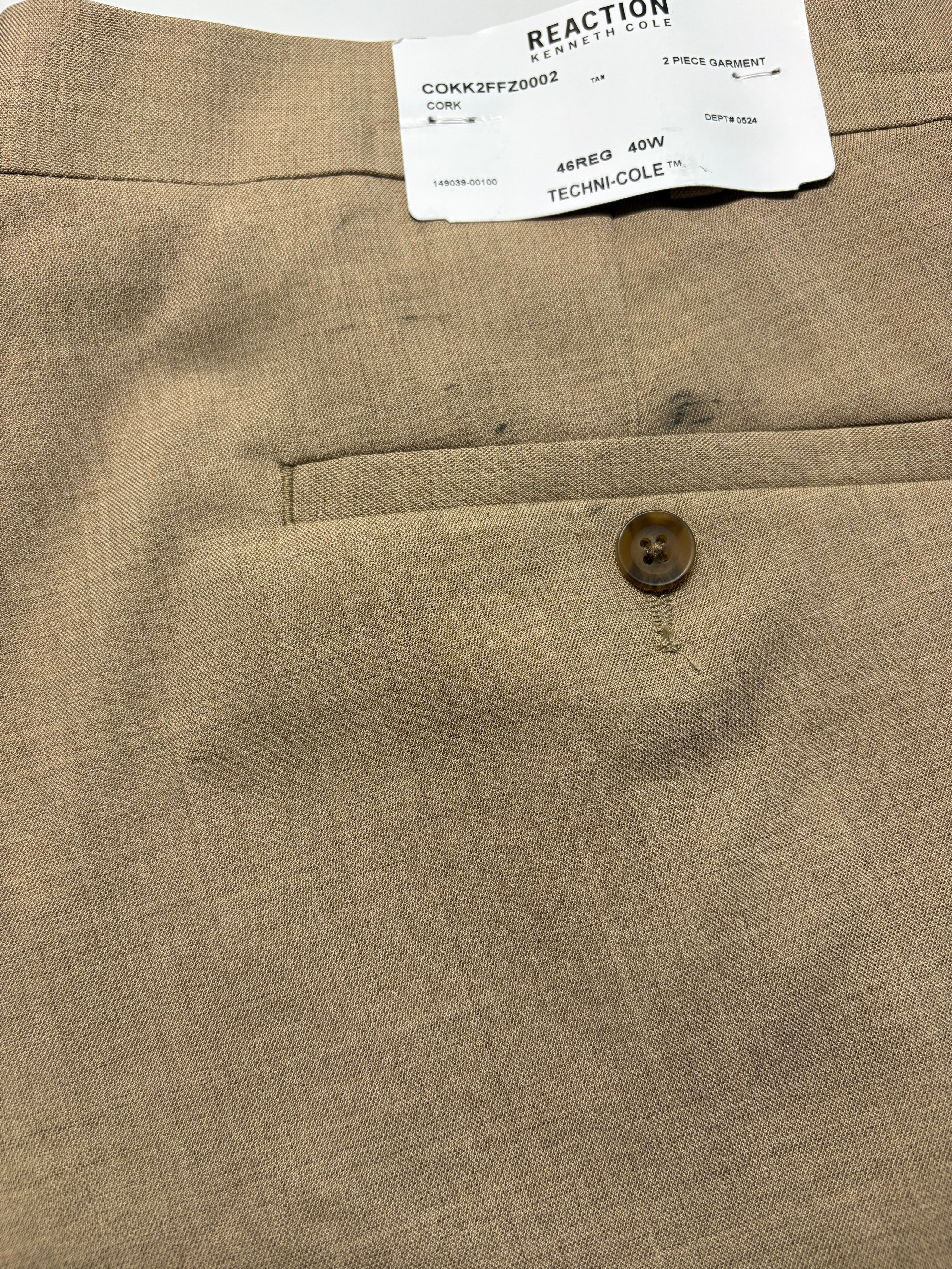 Kenneth Cole Mens Slim fit 2 Piece Suit 46 R / 40 Waist Tan Beige Solid Stretch