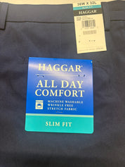 Haggar Mens Slim fit Dress Pants 36 / 32 Navy Blue Solid Stretch