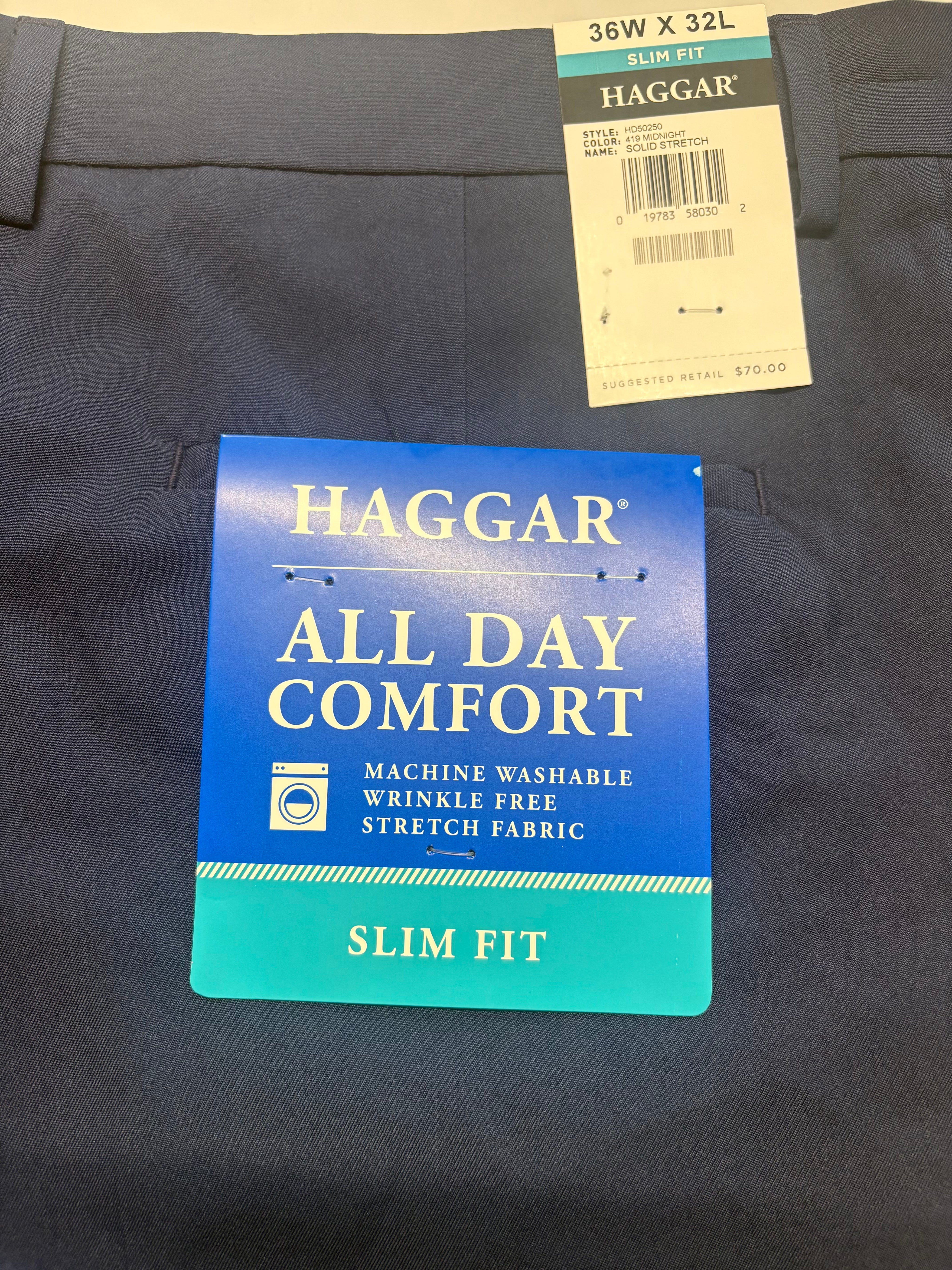 Haggar Mens Slim fit Dress Pants 36 / 32 Navy Blue Solid Stretch