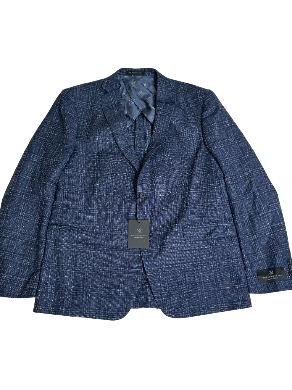 John Varvatos Men's Slim Fit Navy Plaid Wool Cotton Linen Blazer 46R Sport Coat