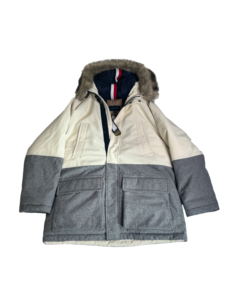 Tommy Hilfiger Mens Filled Storm Parka Coat Medium Cream / Grey WARM!