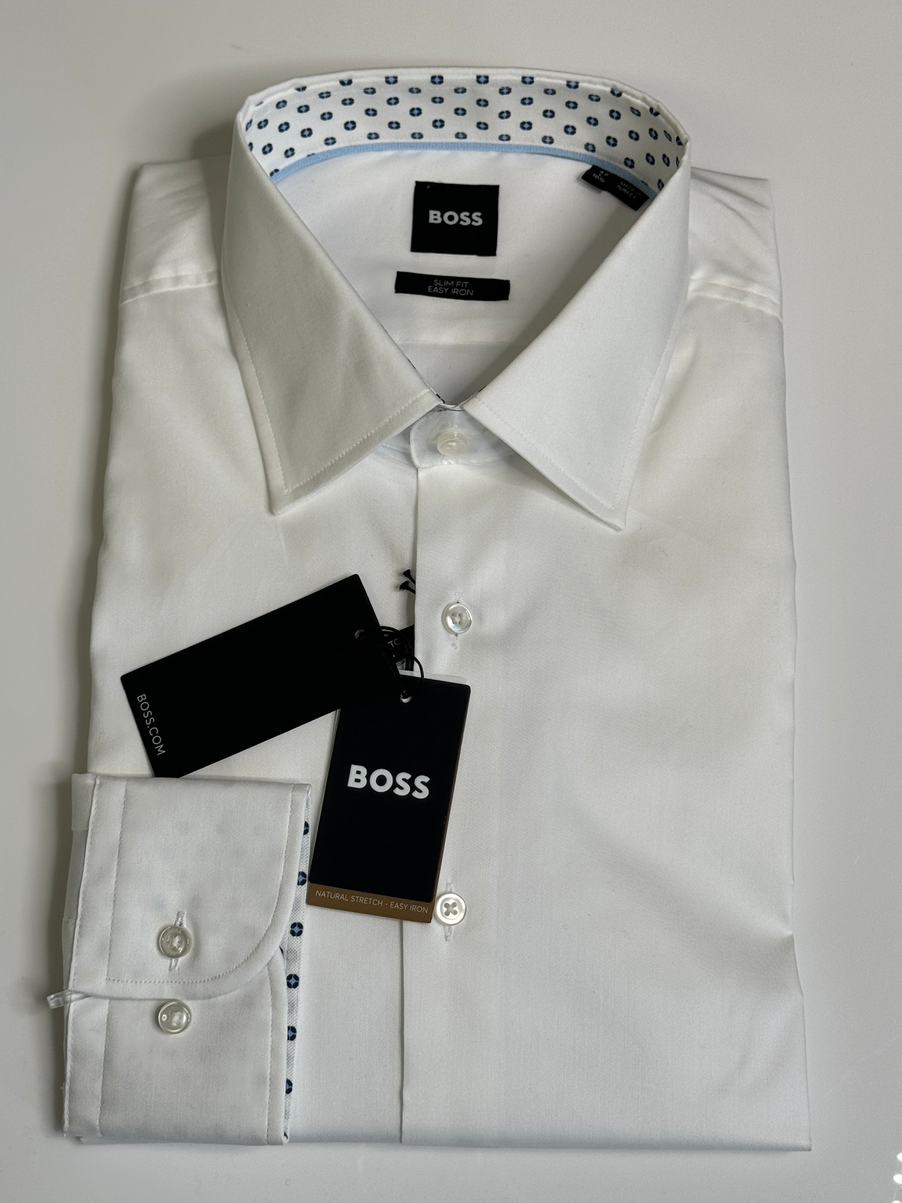 HUGO BOSS Mens Cotton Blend Contrast Trim Slim Fit Dress Shirt 16.5 Large White