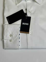 HUGO BOSS Mens Cotton Blend Contrast Trim Slim Fit Dress Shirt 16.5 Large White