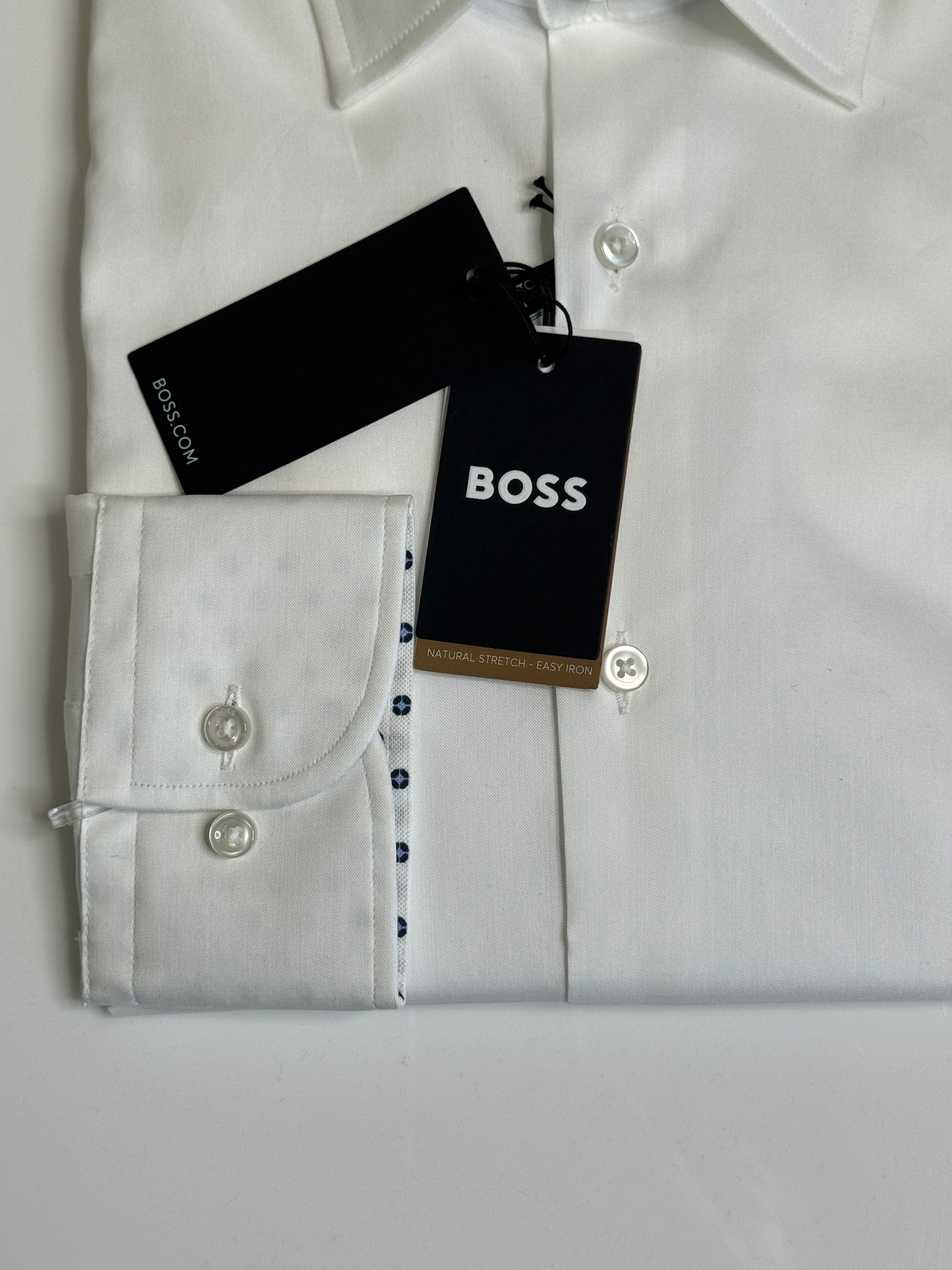 HUGO BOSS Mens Cotton Blend Contrast Trim Slim Fit Dress Shirt 16.5 Large White