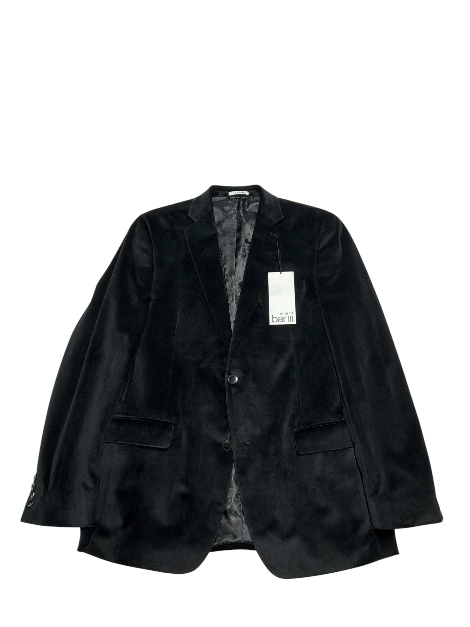 Bar Iii Mens Slim fit Velvet Sport Coat Blazer 46 R Black Solid Stretch