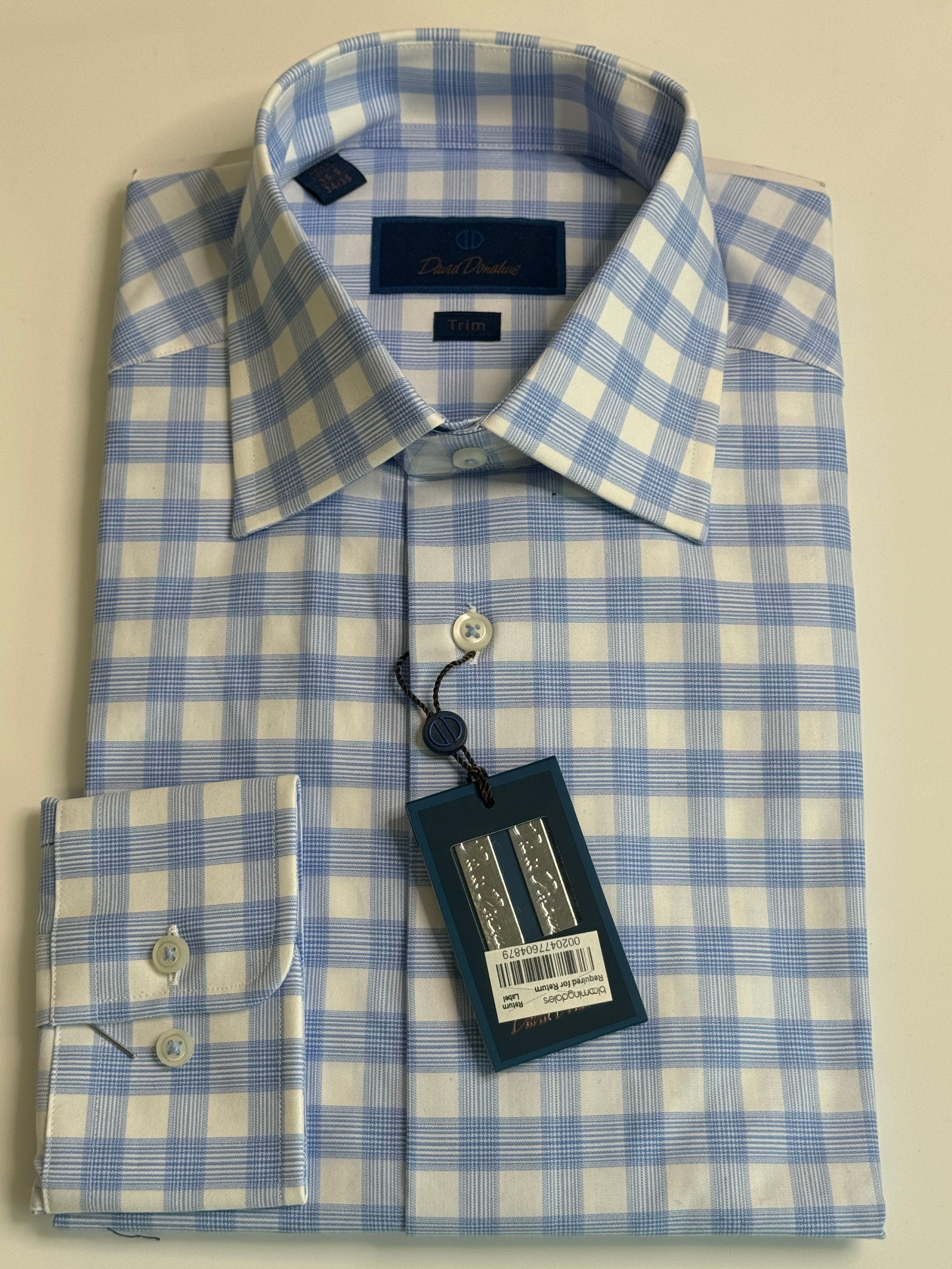 David Donahue Slim Fit Herringbone Plaid Mens Dress Shirt 15.5 34 35 Blue