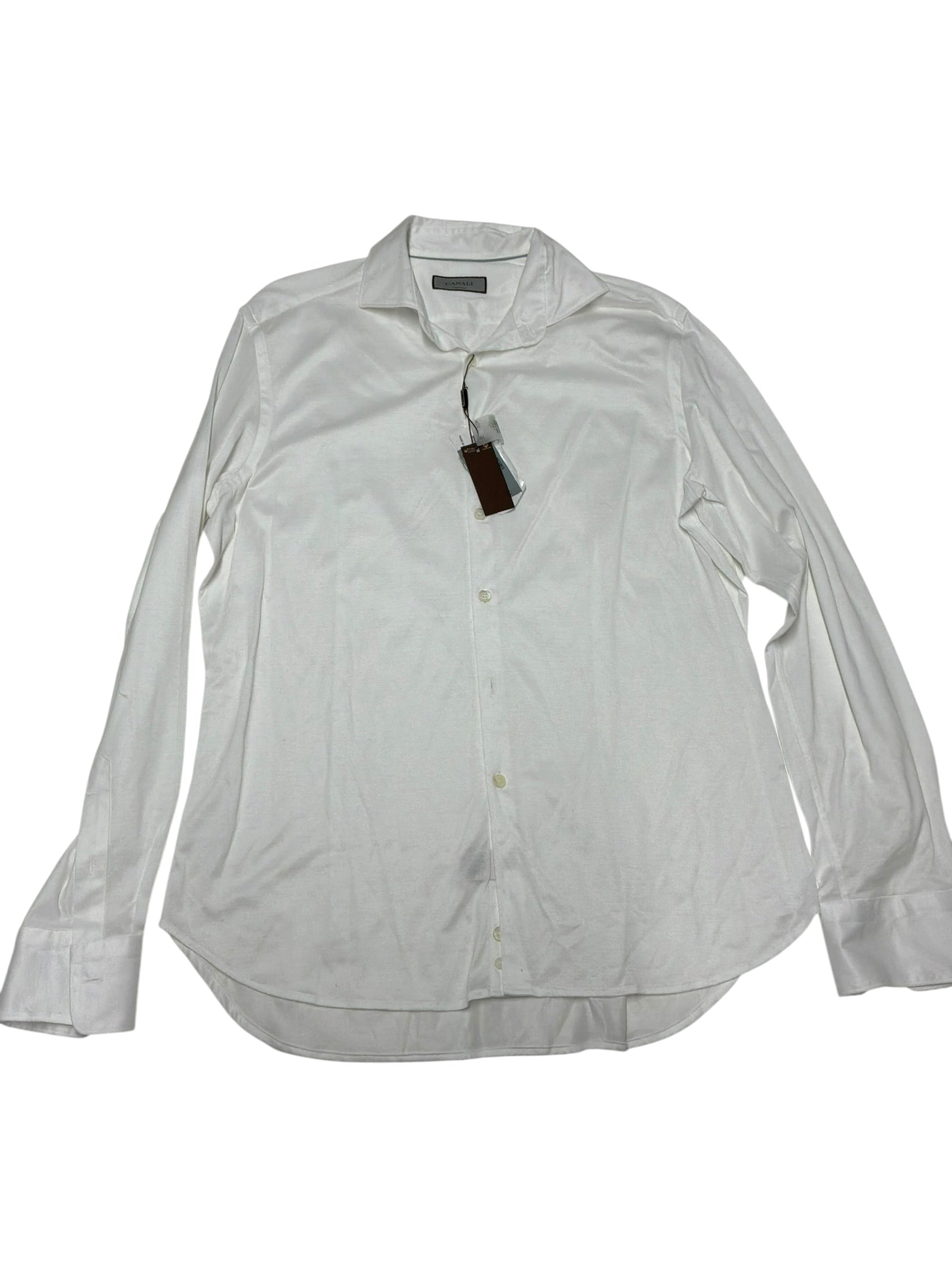Canali Mens Cotton Jersey Slim Fit Sport Button Shirt Large White