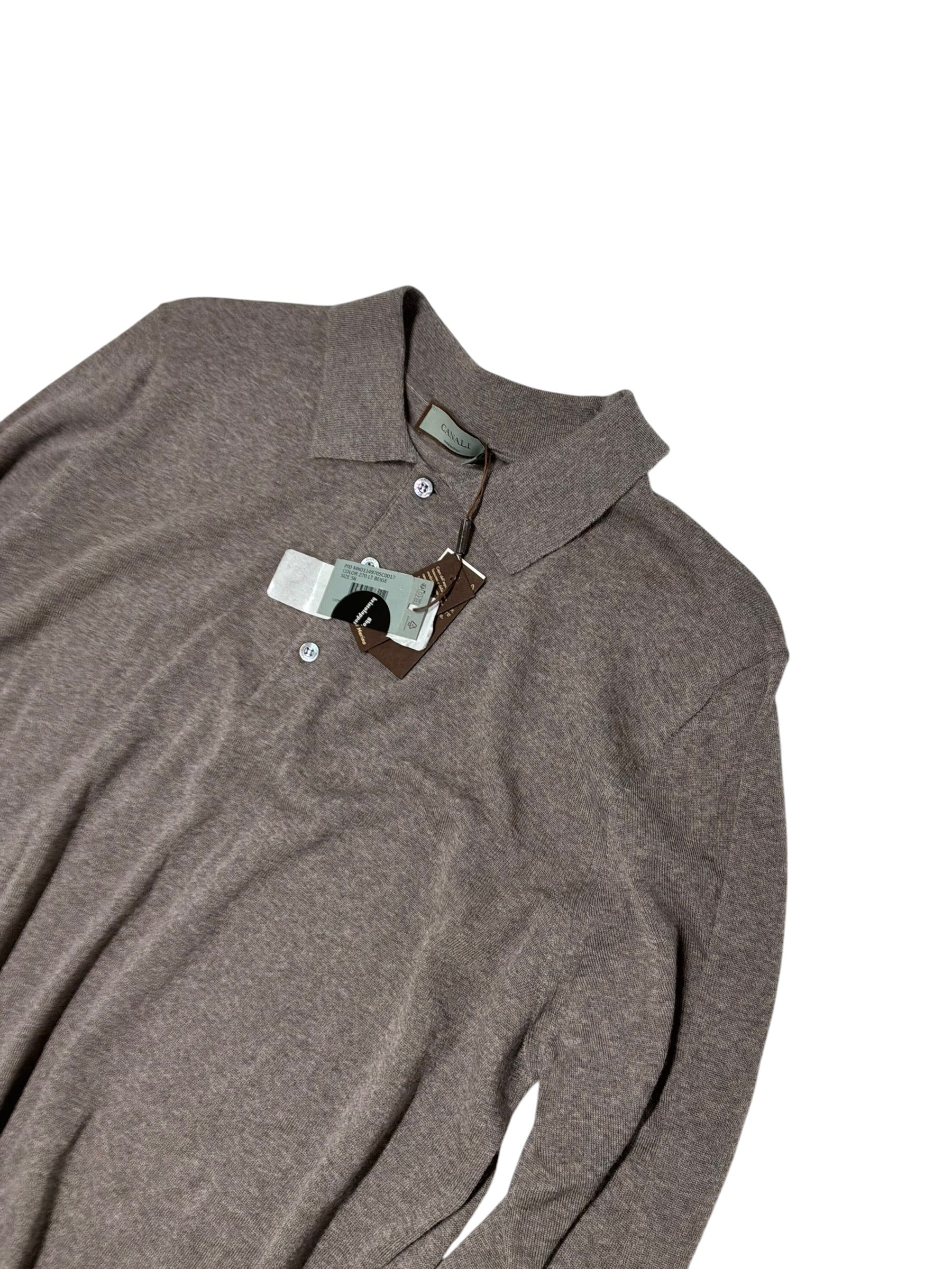 Canali Mens Merino Wool Knit Polo Sweater US 46 EU 56 Light Brown