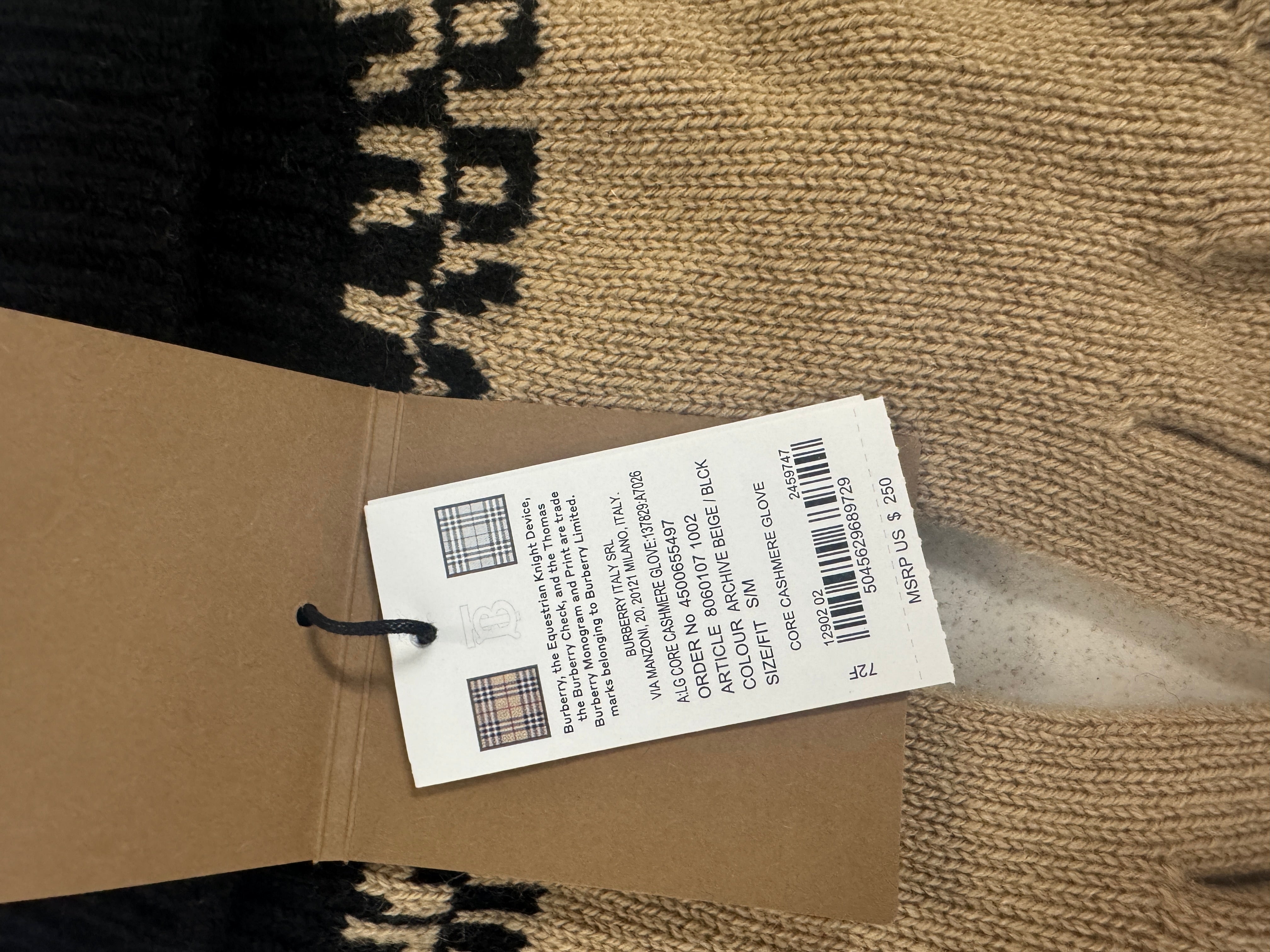 Burberry Womens Logo Intarsia Two Tone Cashmere Gloves Beige Black Medium Large