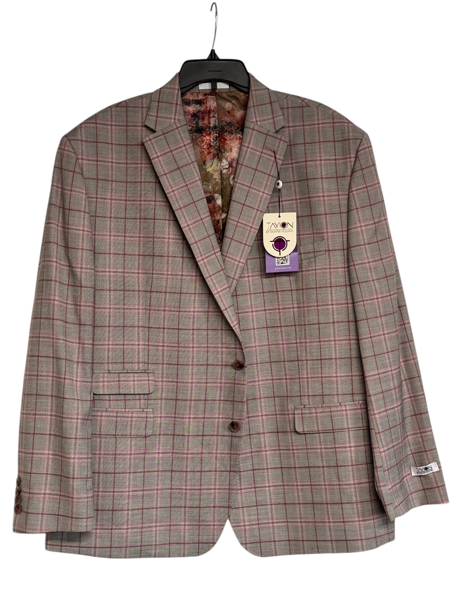 Tayion Collection Mens Classic fit Sport Coat Blazer 50 R Grey / Cranberry Plaid