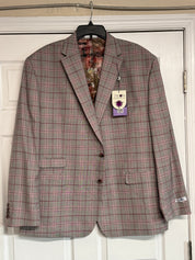 Tayion Collection Mens Classic fit Sport Coat Blazer 50 R Grey / Cranberry Plaid
