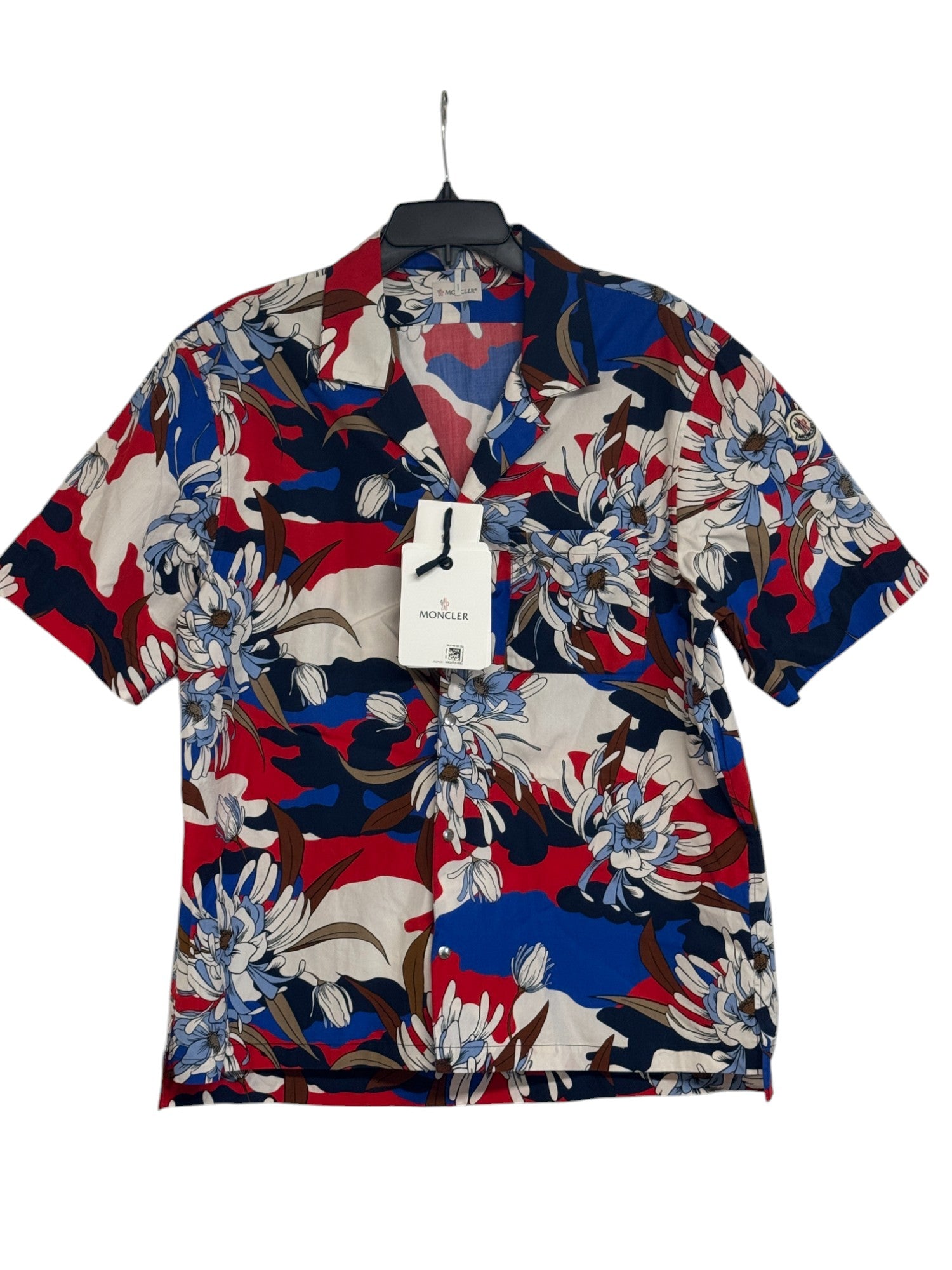 Moncler Mens Tropical Print Short Sleeve Camp Shirt XXL Red Blue Hawaiian