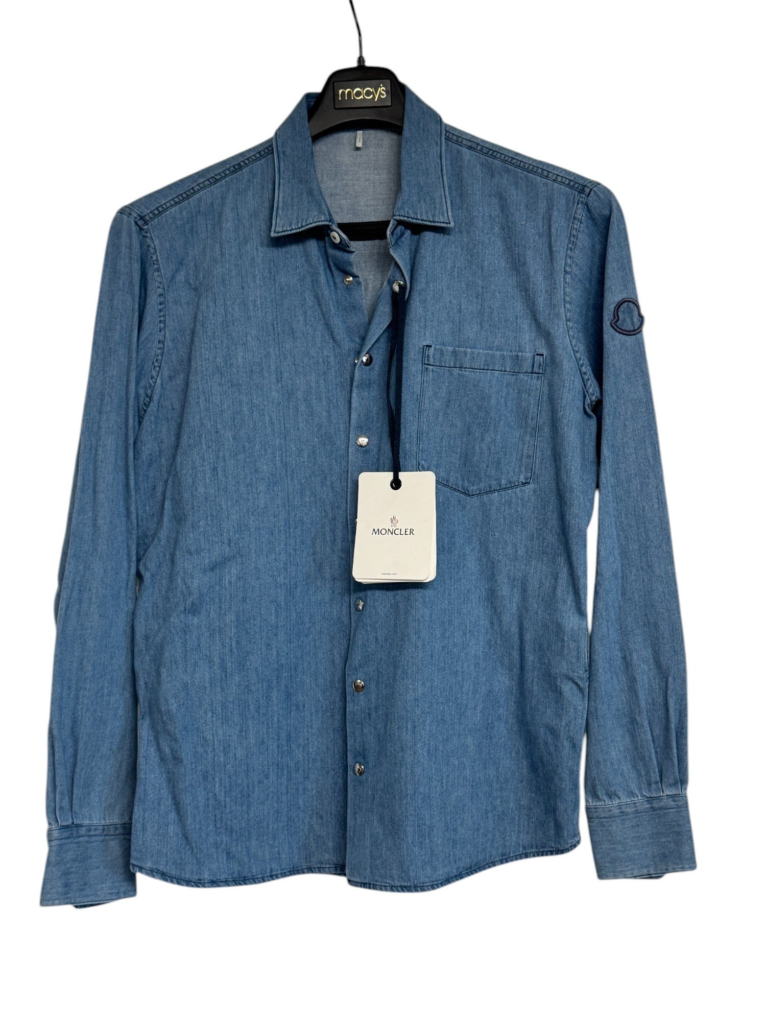 Moncler Mens Chambray Long Sleeve Snap Up Logo Shirt Large Blue Denim