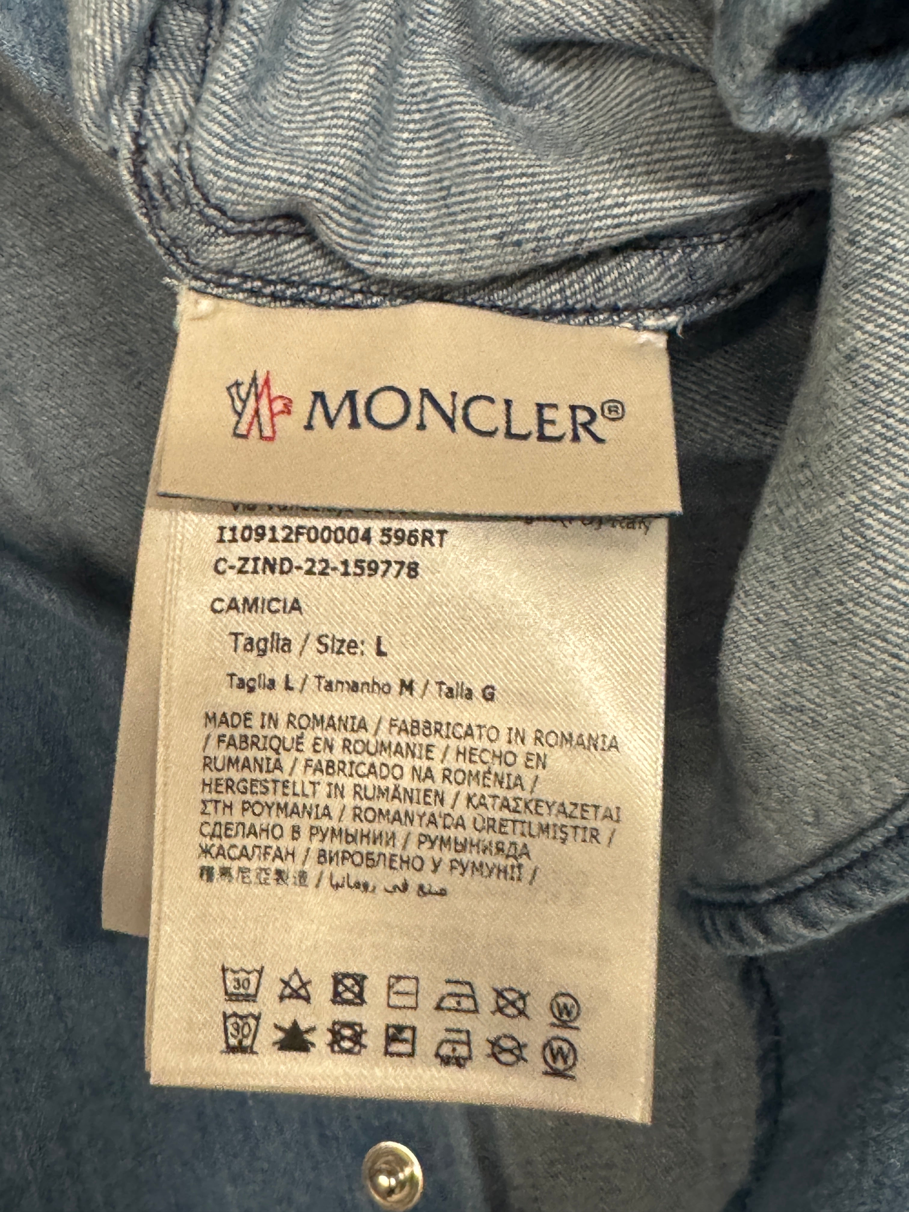 Moncler Mens Chambray Long Sleeve Snap Up Logo Shirt Large Blue Denim