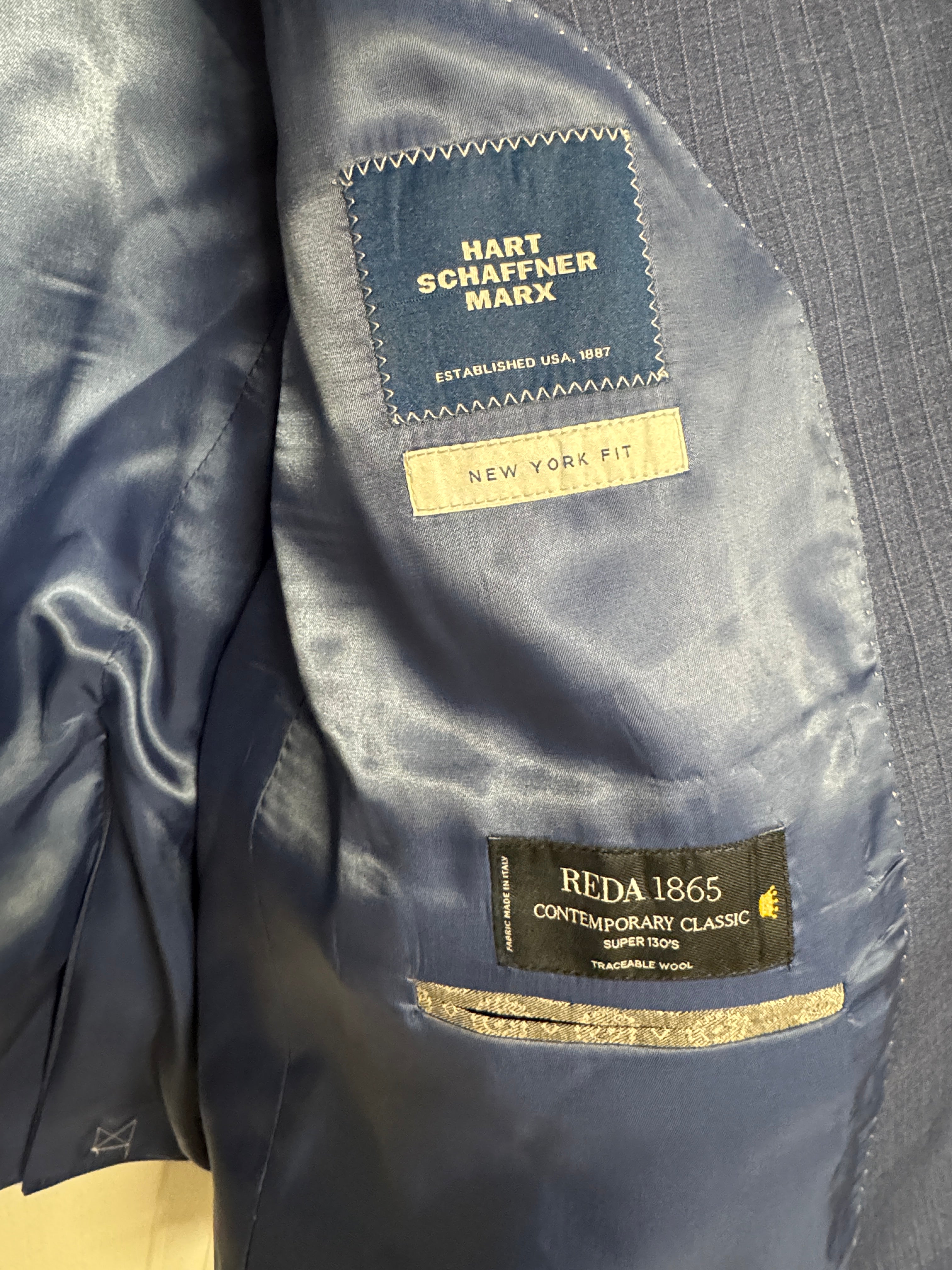 Hart Schaffner Marx New York Stripe Regular Fit Suit 48R / 43W Blue Flat Pant