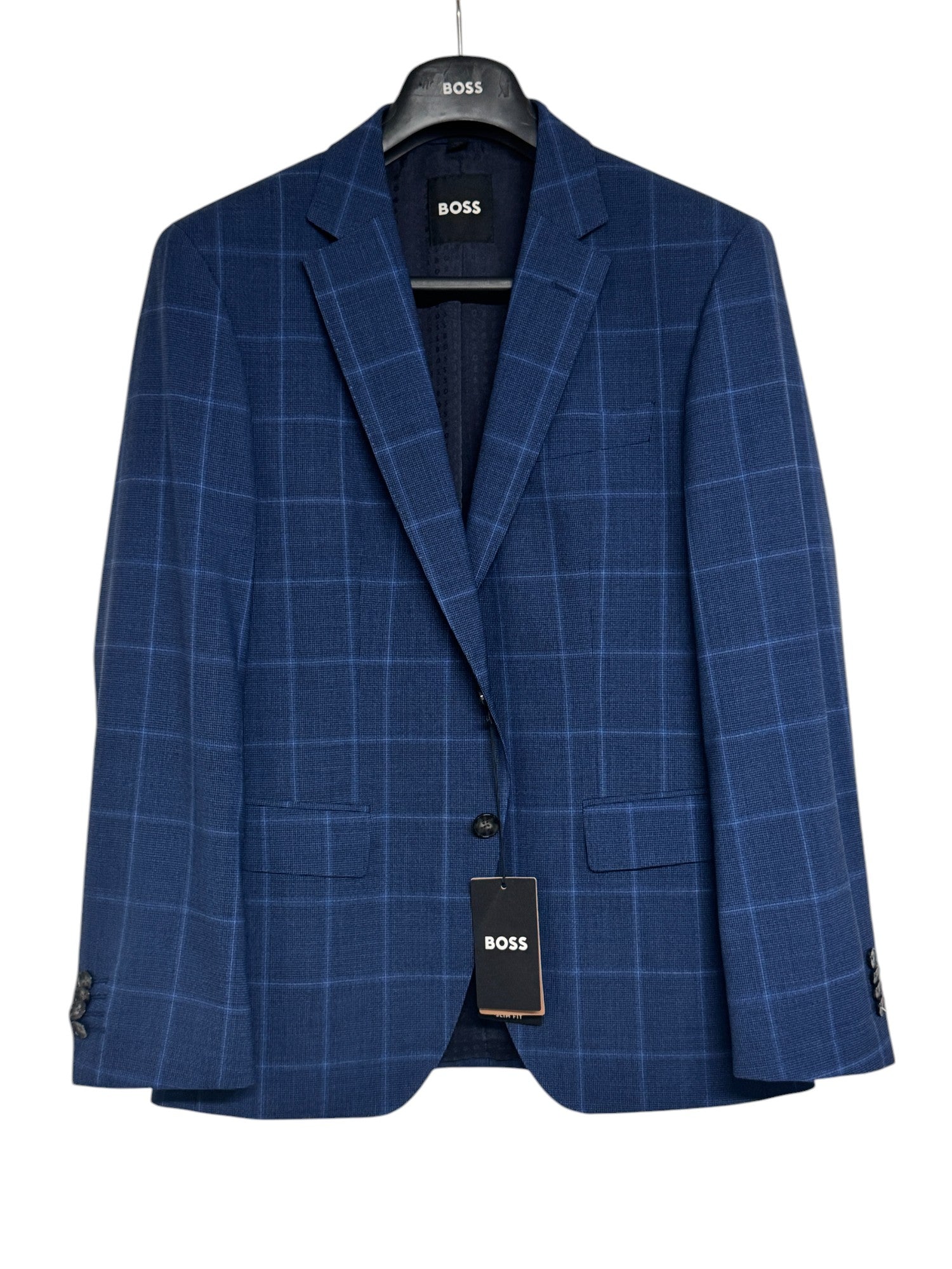 HUGO BOSS Huge 2-Pc. Slim Fit Windowpane Suit 38S / 32W Blue Plaid Flat Pant