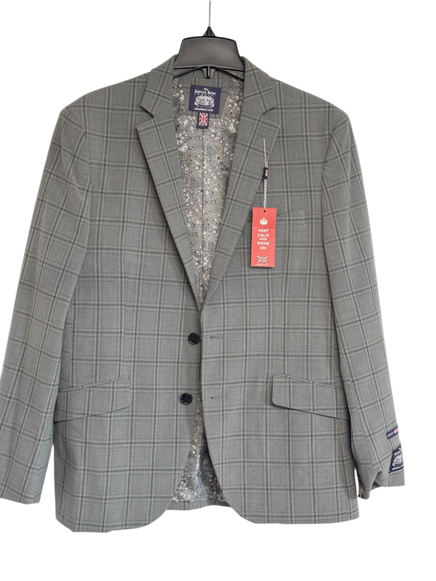 Saville Row Mens Slim fit Suit Jacket Blazer 46 R Grey Plaid Stretch