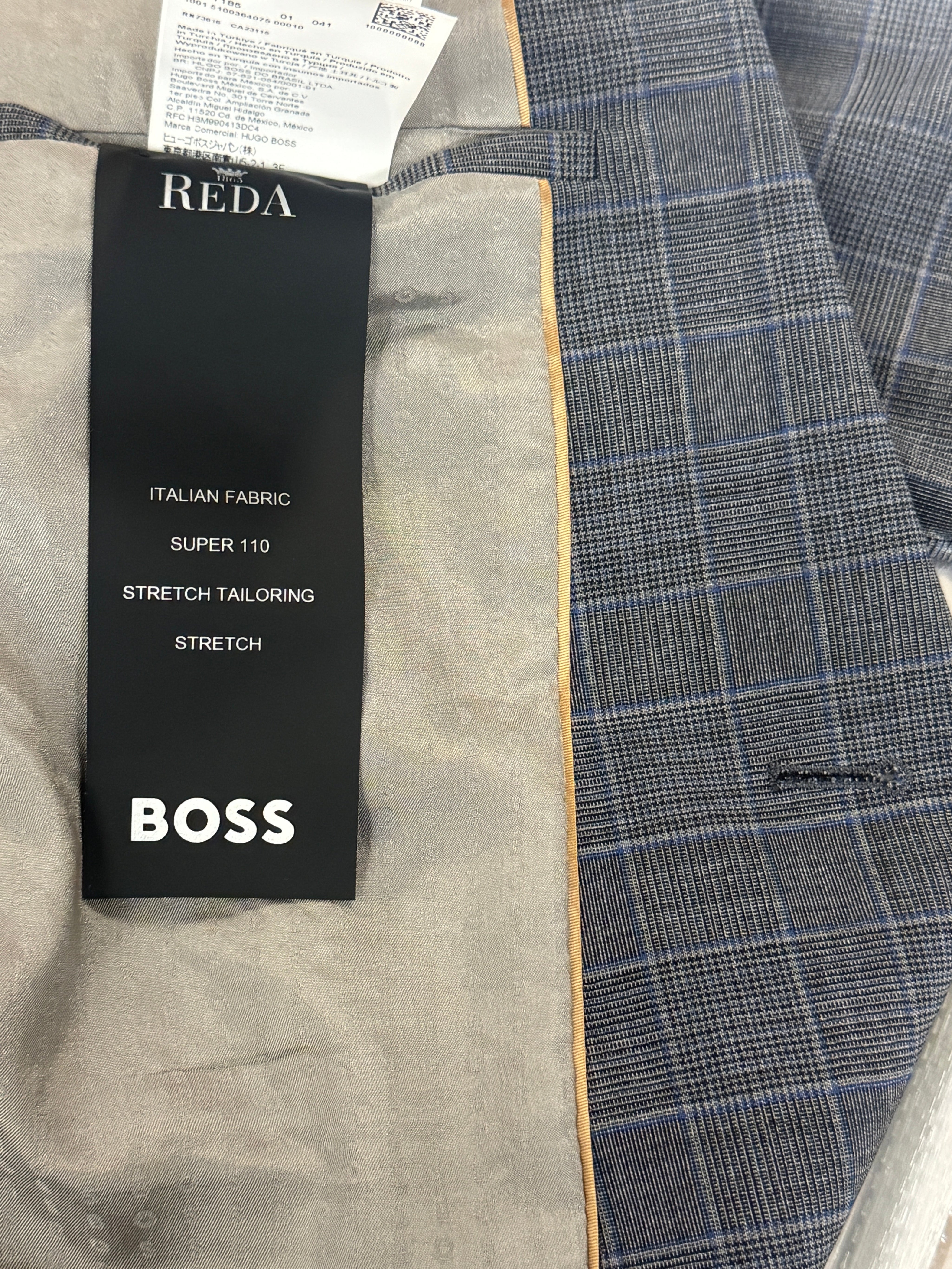 Hugo Boss Mens Plaid Slim Fit Stretch Wool Suit 40R / 34W Grey Blue Plaid