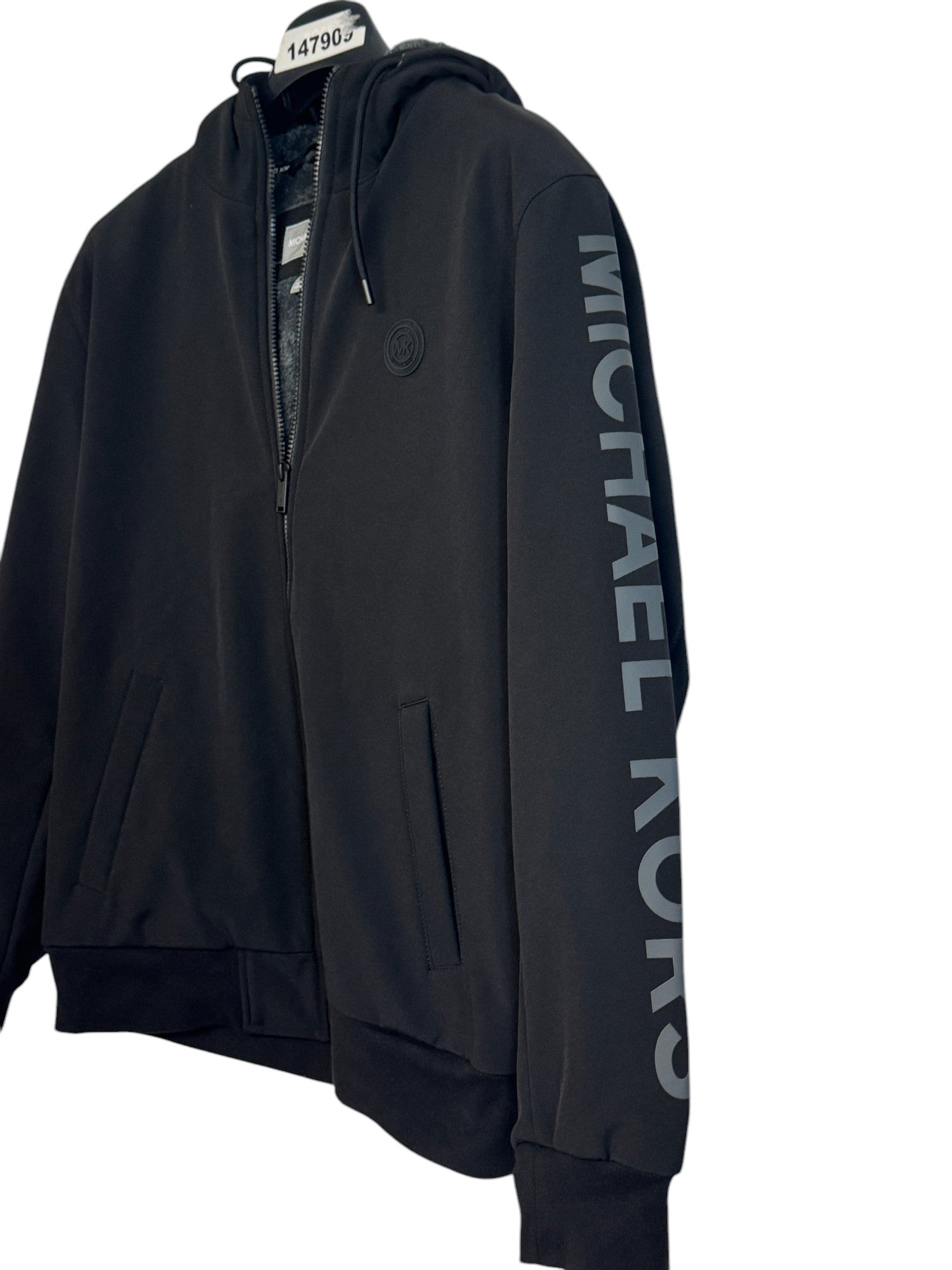 Michael Kors mens Sherpa Linen Hooded Jacket Coat Medium Black / Logo