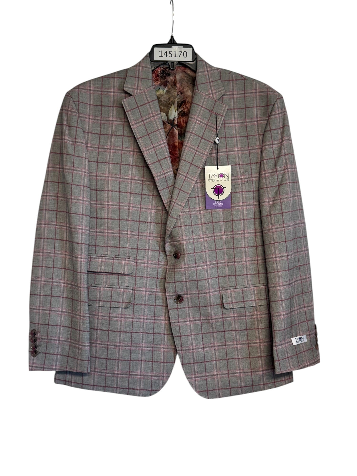 Tayion Collection Mens Regular fit Sport Coat Blazer 42 S Grey / Pink Plaid