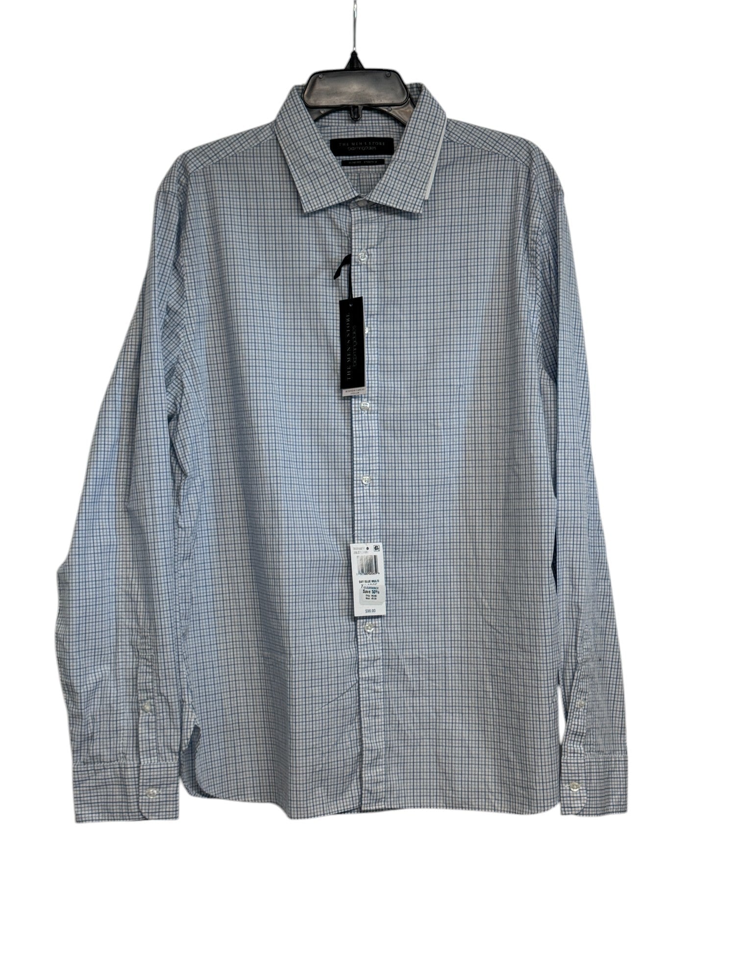 The Men's Store Slim Fit Stretch Button Down Dress Shirt Large Blue Plaid