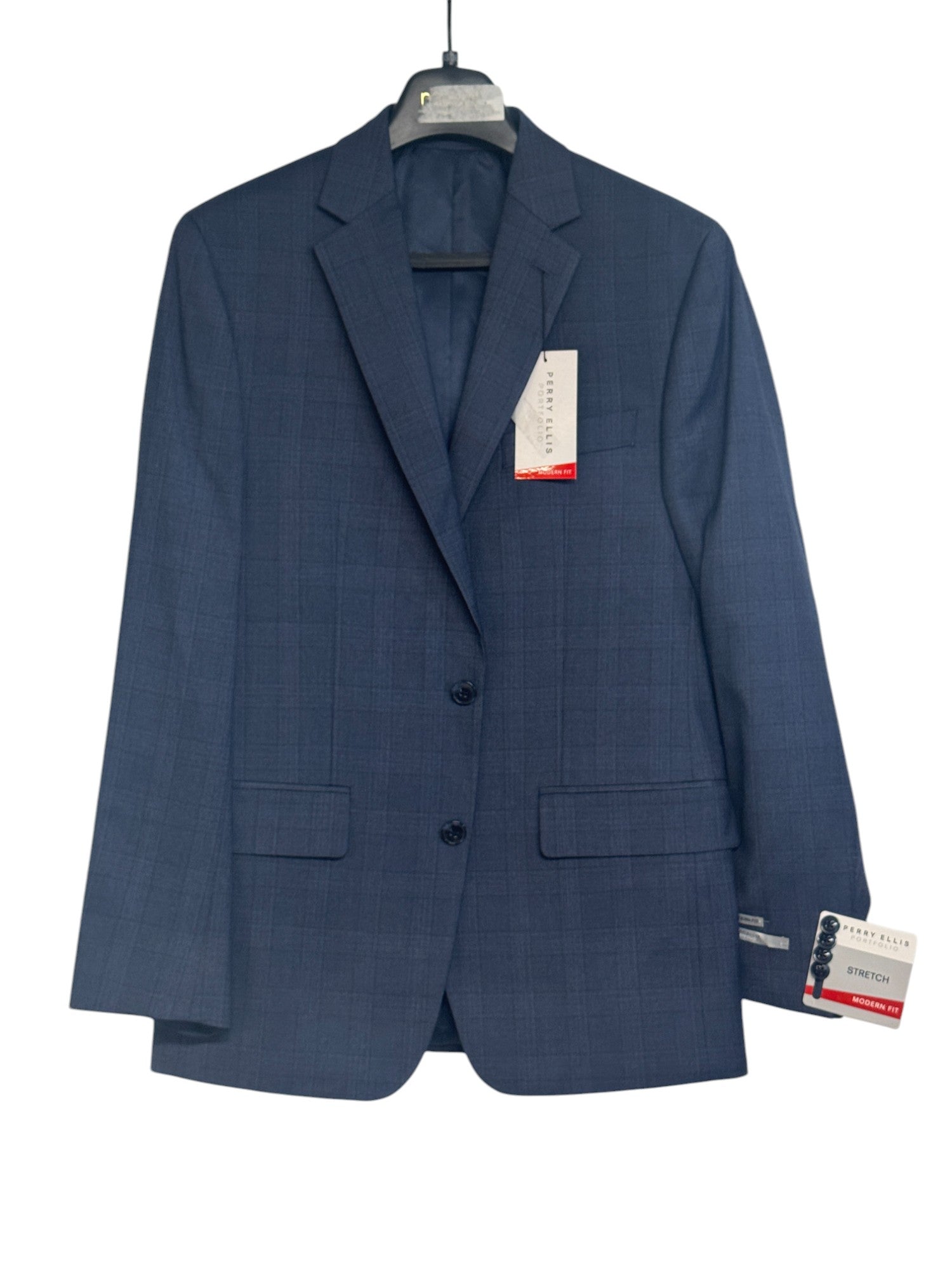 Perry Ellis Portfolio Modern fit 2 Piece Suit 38 S / 31 Waist Blue Plaid Stretch
