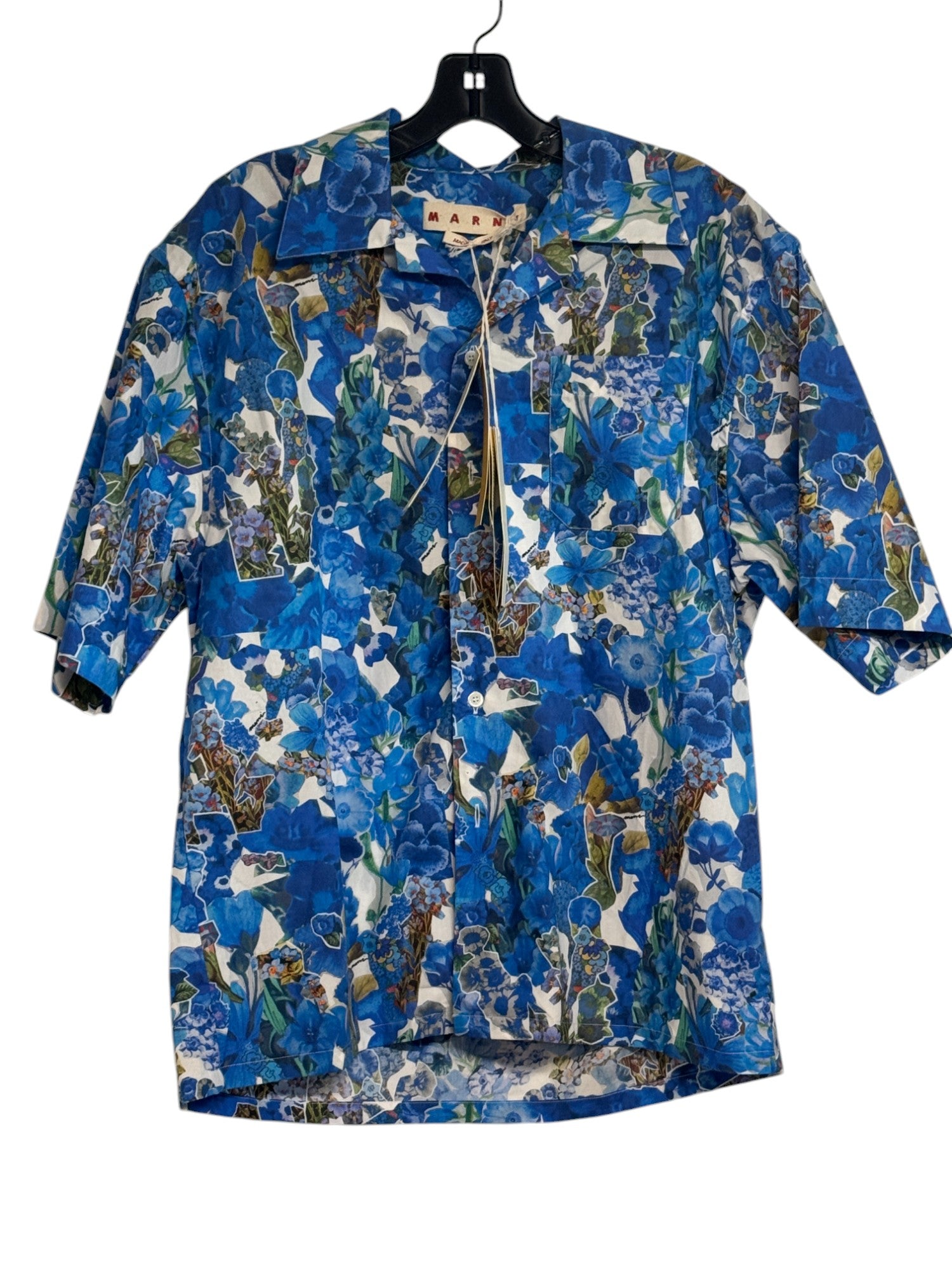 Marni Mens Hawaiian Poplin Short Sleeve Button Up Shirt EU 46 US Small Bluee