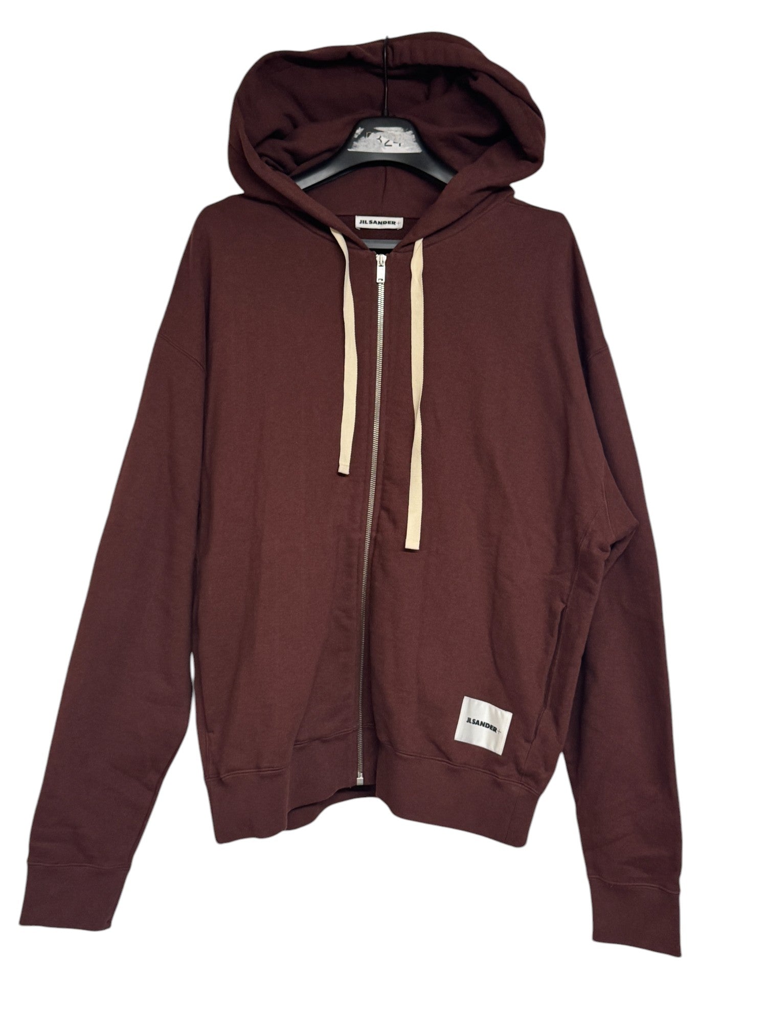Jil Sander Men Full Zip Thick Terry Logo Patch Hoodie Sweatshirt Large Dark Red