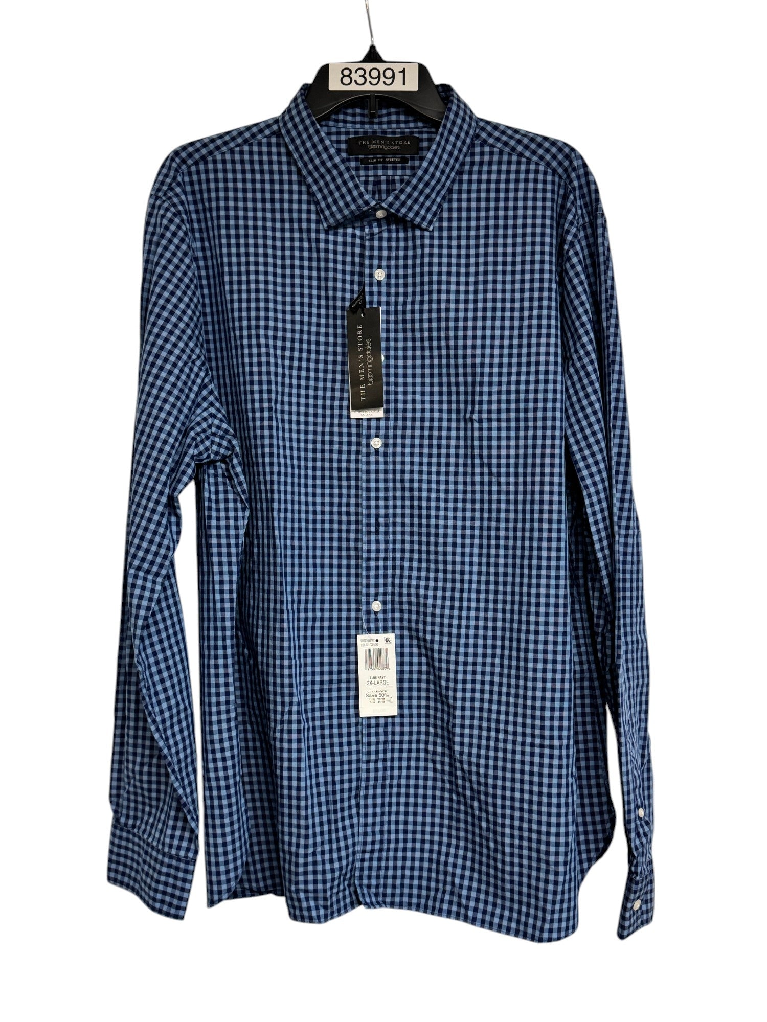 The Men's Store Slim Fit Stretch Button Up Dress Shirt XXL 2XL Navy Blue Check