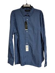 The Men's Store Slim Fit Stretch Button Up Dress Shirt XXL 2XL Navy Blue Check