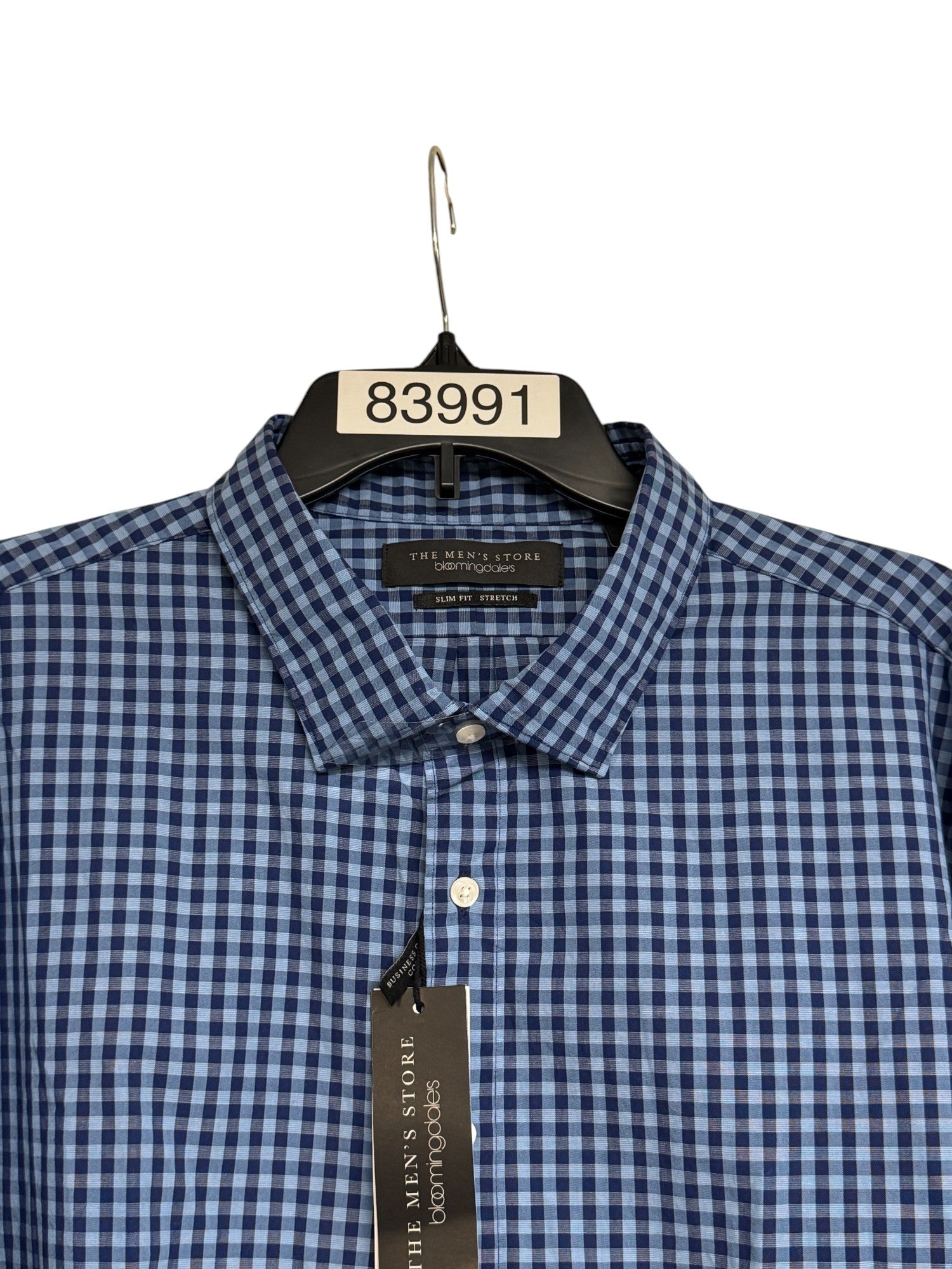 The Men's Store Slim Fit Stretch Button Up Dress Shirt XXL 2XL Navy Blue Check
