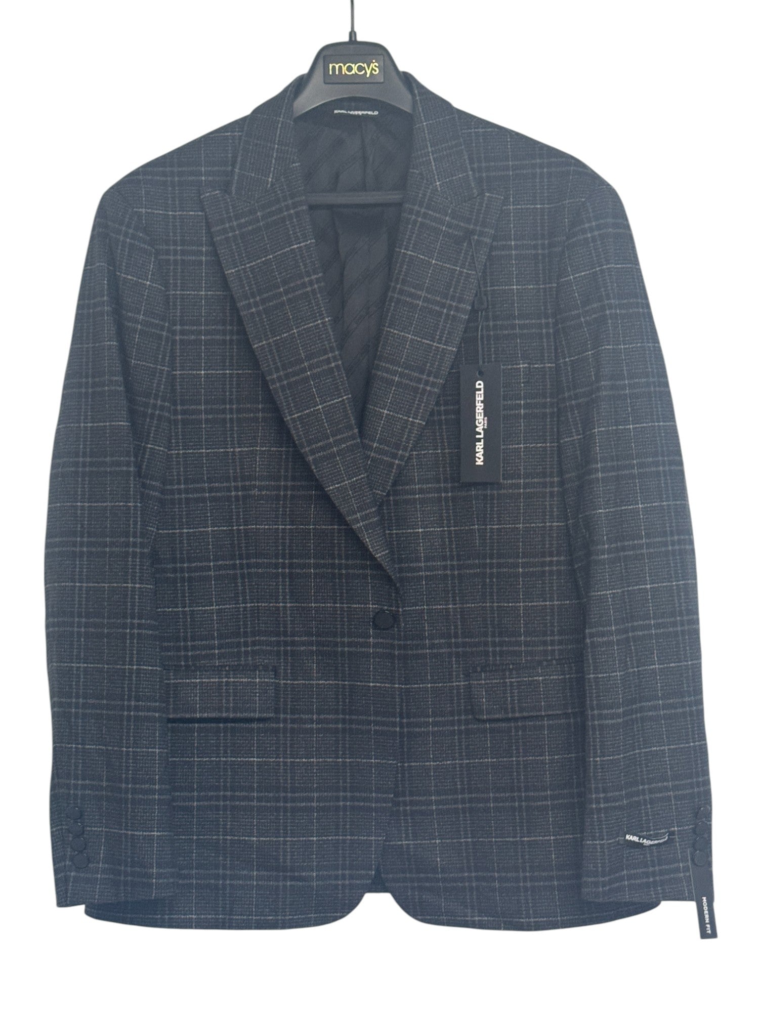Karl Lagerfeld Paris Mens Modern fit Sport Coat Blazer 44 S Black Plaid Stretch