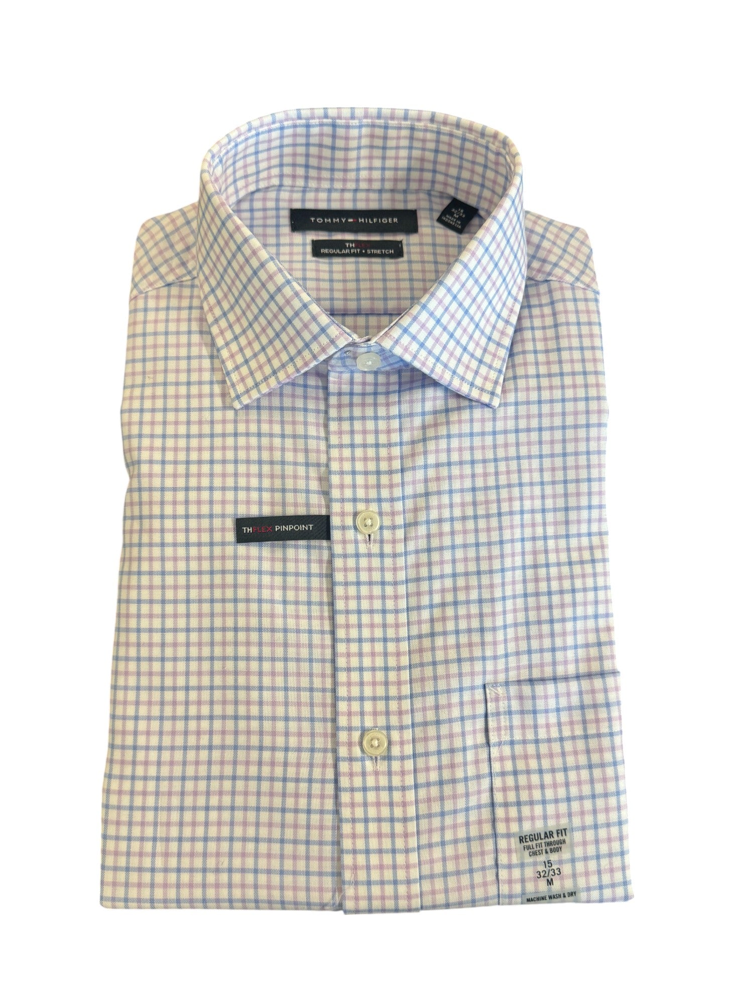 Tommy Hilfiger Mens Regular fit Dress Shirt Medium 15 in 32-33 Blue Pink Plaid