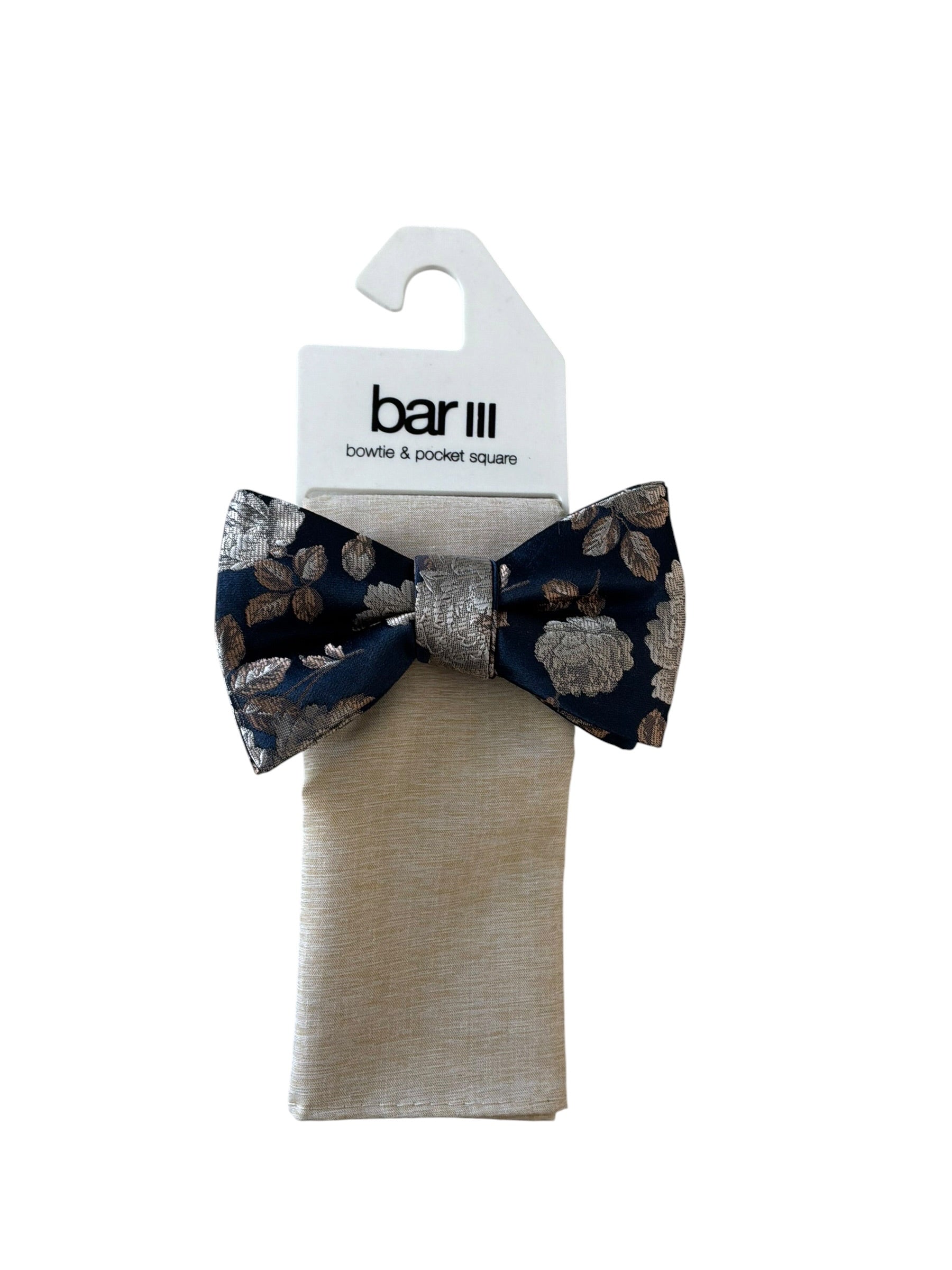 Bar III Men's Ellery Floral Bow Tie & Solid Pocket Square Set Tan/Navy Blue