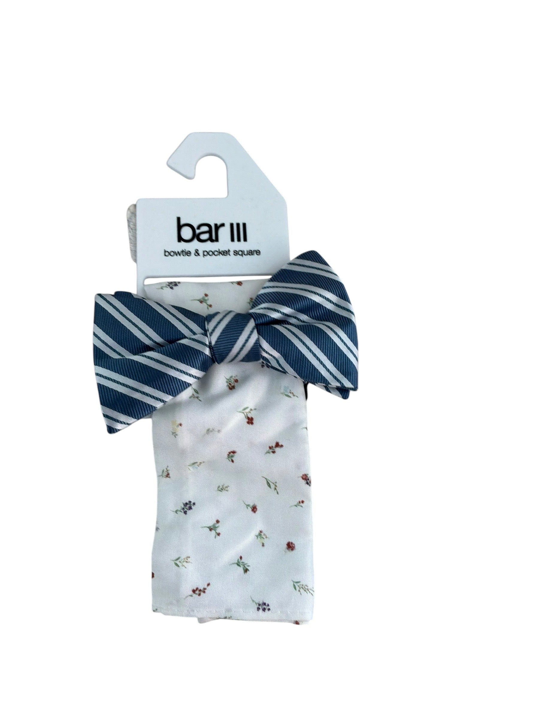 Bar III Men's Varsity Stripe Bow Tie & Floral Pocket Square Set Denim Blue