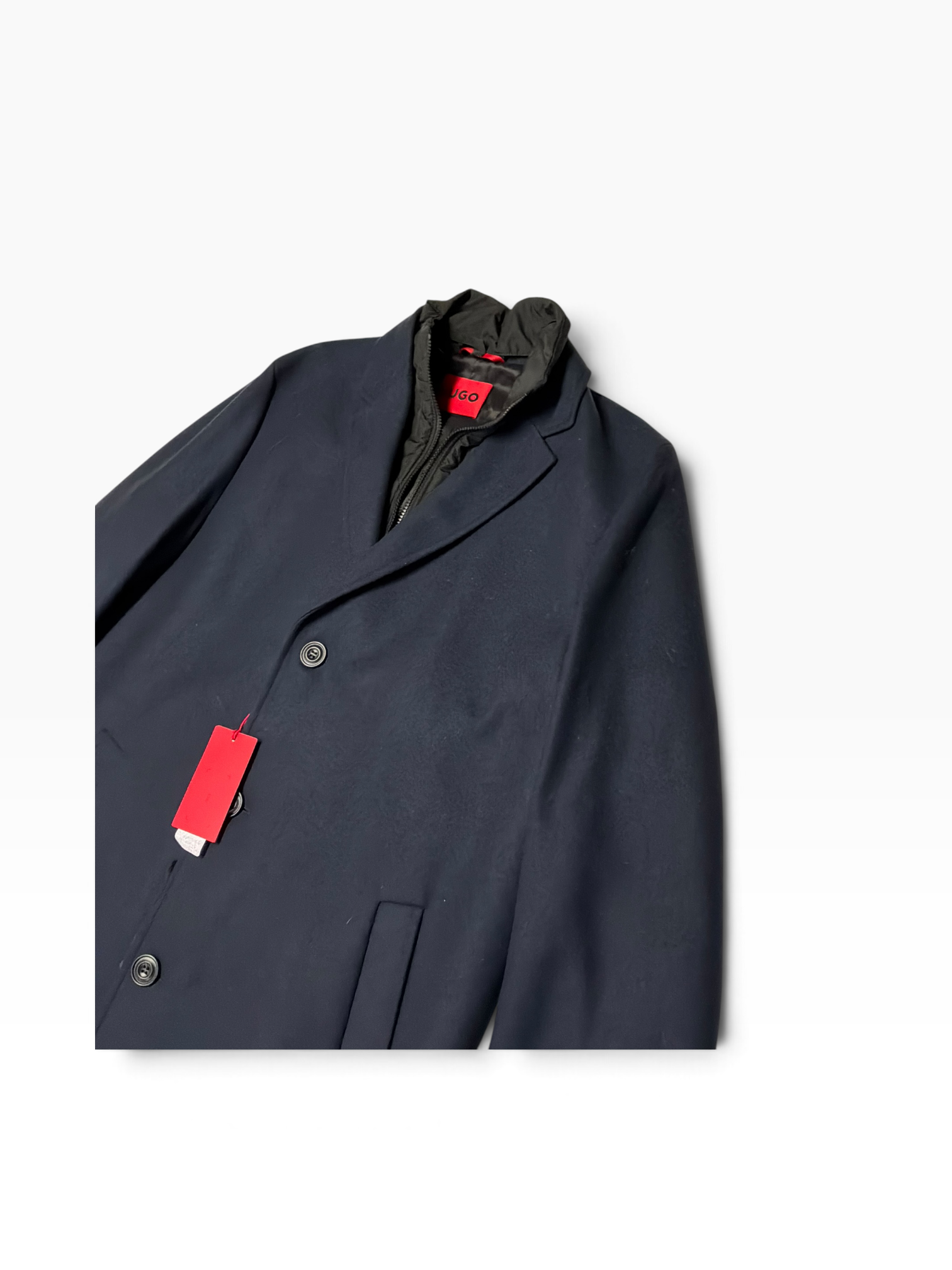 Hugo Boss Milogan Extra Slim Fit Topcoat / Zip-Out Bib 46 R Navy Blue Overcoat