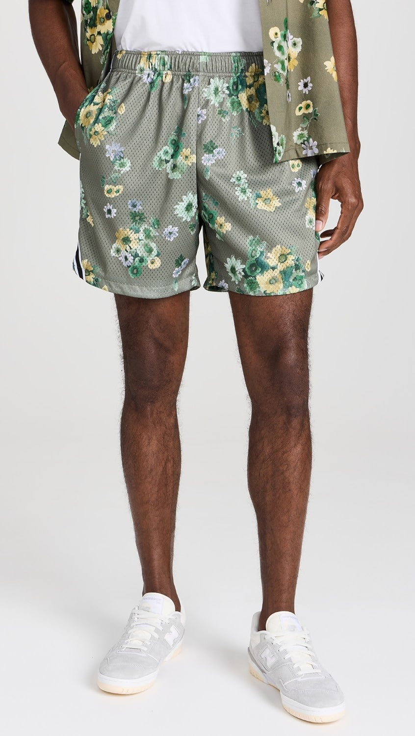 John Elliott Mens Regular fit Mesh Shorts Green Floral Large