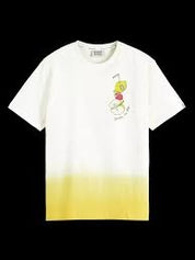 Scotch & Soda Mens Dip Died Summer Artwork T Shirt Medium White Yellow