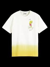 Scotch & Soda Mens Dip Died Summer Artwork T Shirt Medium White Yellow