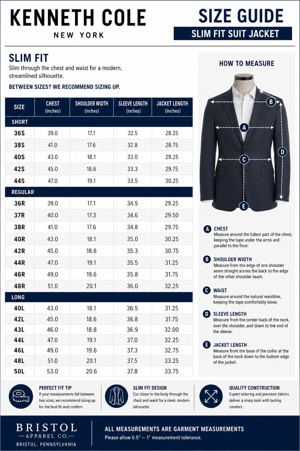 Kenneth Cole Mens Slim fit Suit Jacket Blazer 44 L Blue Solid Stretch