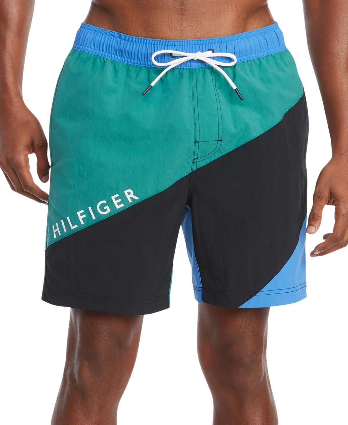 Tommy Hilfiger Mens Colorblocked Drawstring Swim Trunks Small Blue Green