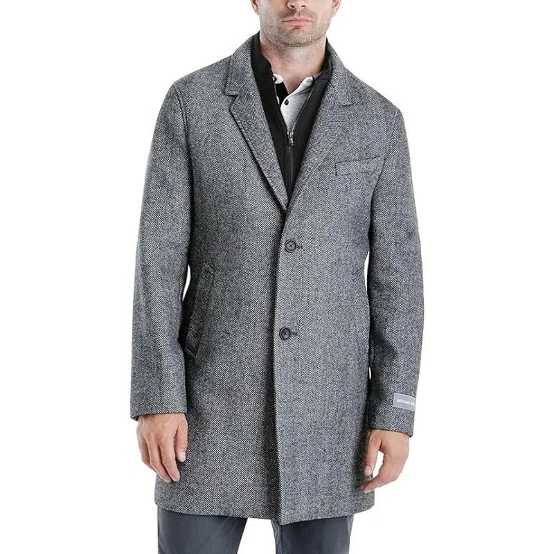 Michael Kors Men's Herringbone Pike Classic-Fit Overcoat Coat 46L Black White