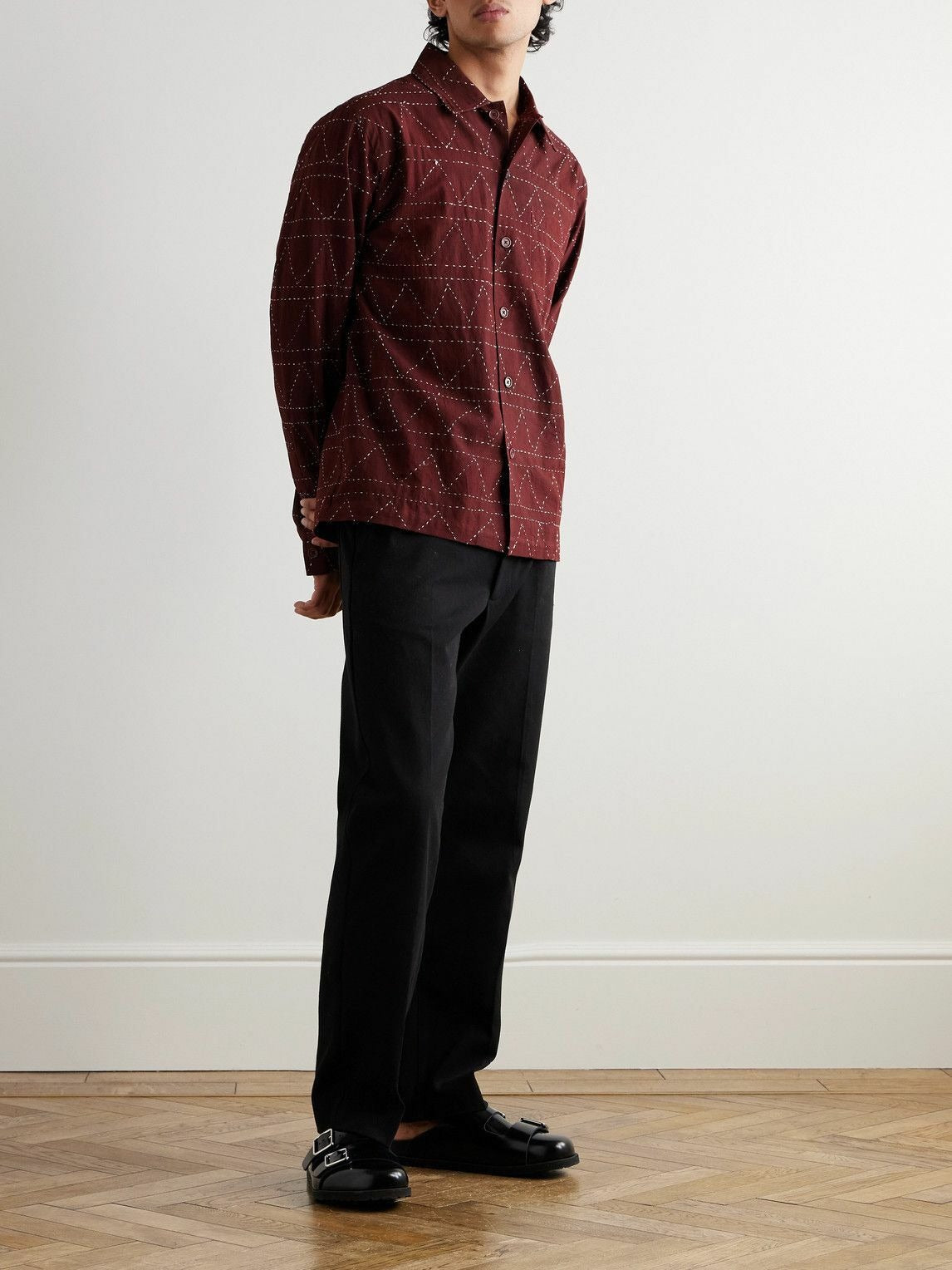 Kardo Mens Gianni Convertible Collar Embroidered Cotton Shirt Medium Dark  Red