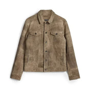 John Varvatos Mens Classic fit Casual Coat Suede Leather Trucker Jacket 48 Brown