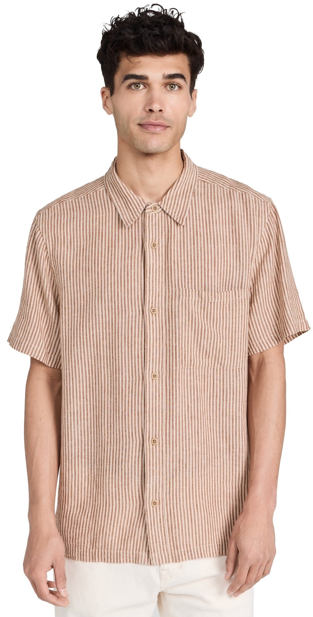 Madewell Mens Regular fit Short Sleeve Button-Up Shirt Large Beige Striped