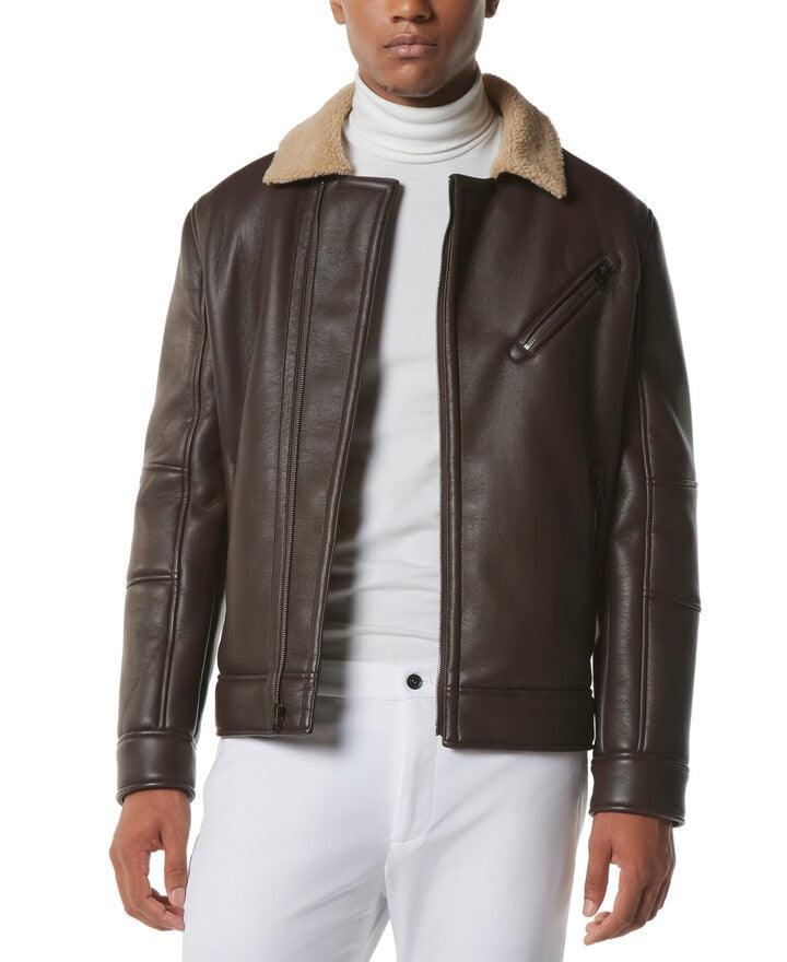 MARC NEW YORK Men's Maxton Asymmetrical Moto Jacket Medium Faux-Shearling Brown