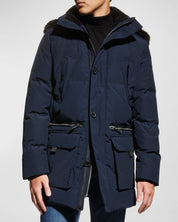 Karl Lagerfeld Paris Quilted Fur Trim Down Hooded Parka Coat Large Navy Blue